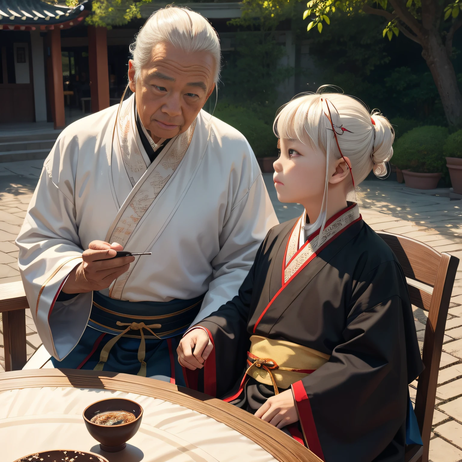 8K，tmasterpiece，Natural lighting，sitting before a table，Outdoor photography，sface focus，detailed face with，facial wrinkle，2 people，Sit face to face，Male elderly，White hair，Hairpins，Taoist costumes，Hanfu，5 year old boy