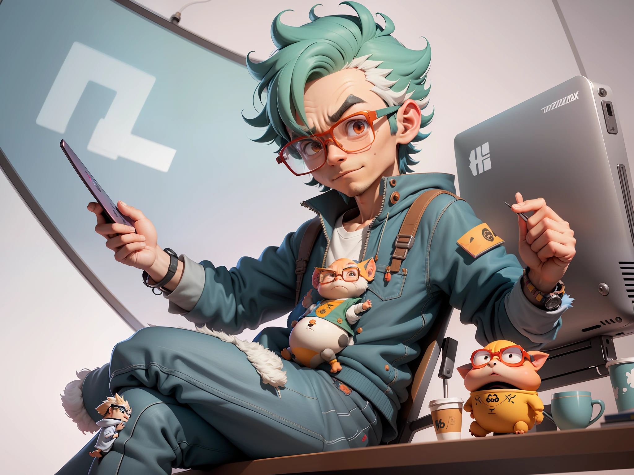 A young man with glasses sits at his desk，holding laptop，digitial painting，3D character design by Mark Clairen and Pixar and Hayao Miyazaki and Akira Toriyama，4K HD illustration，Very detailed facial features and cartoon-style visuals。