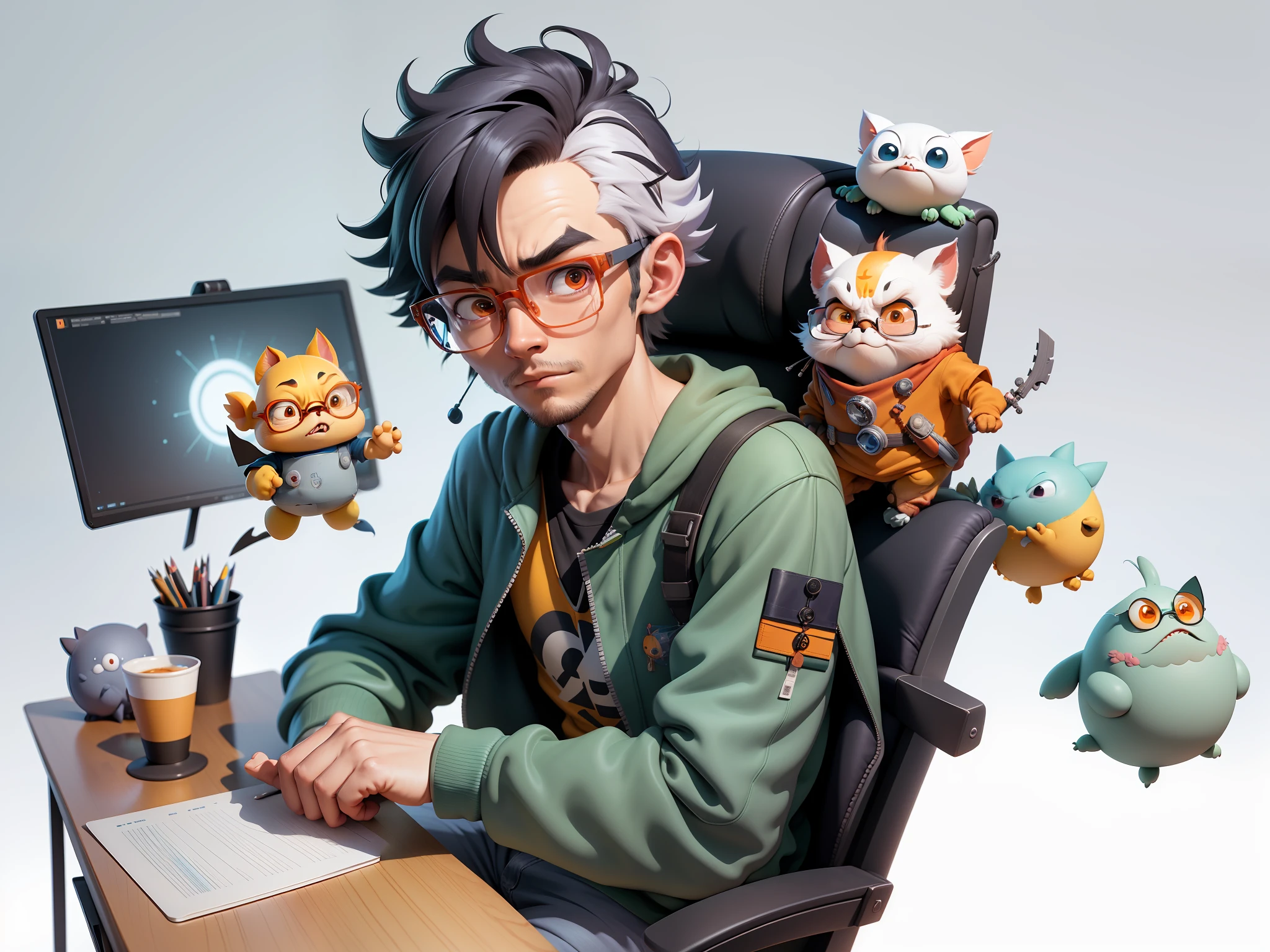 A young man with glasses sits at his desk,holding laptop,digitial painting,3D character design by Mark Clairen and Pixar and Hayao Miyazaki and Akira Toriyama,4K HD illustration,Very detailed facial features and cartoon-style visuals。