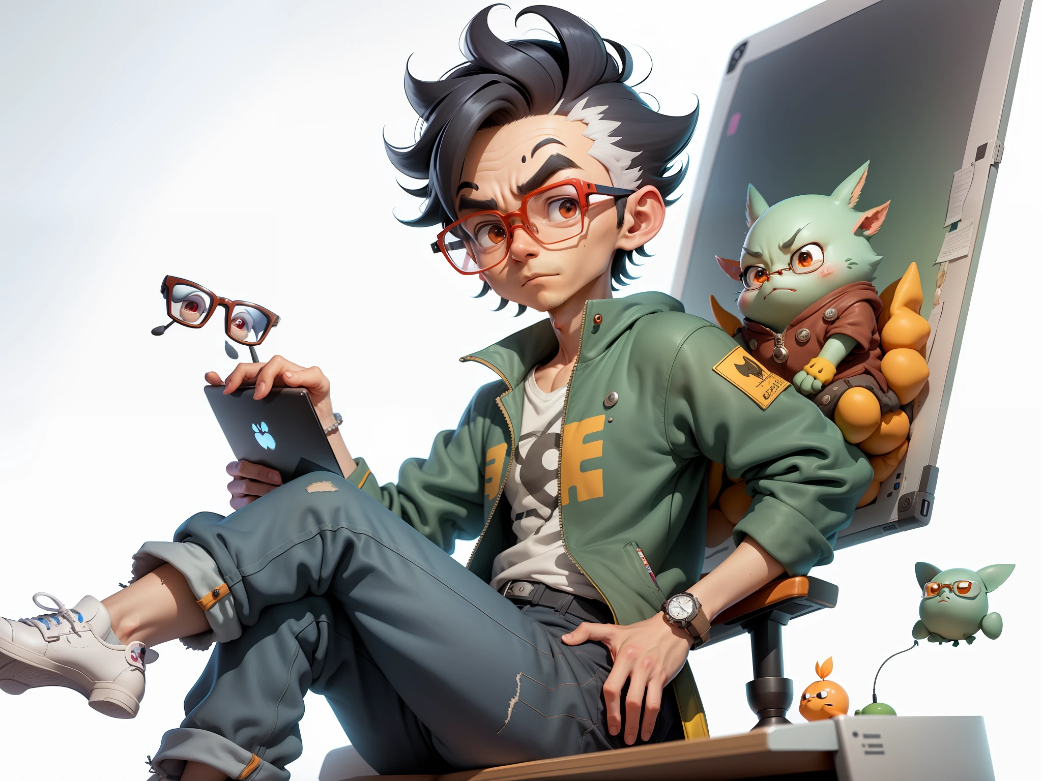 A young man with glasses sits at his desk,holding laptop,digitial painting,3D character design by Mark Clairen and Pixar and Hayao Miyazaki and Akira Toriyama,4K HD illustration,Very detailed facial features and cartoon-style visuals。
