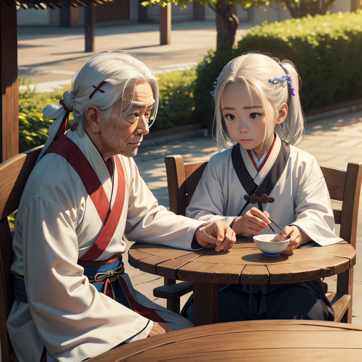 8K,tmasterpiece,Natural lighting,sitting before a table,Outdoor photography,sface focus,detailed face with,facial wrinkle,2 people,Sit face to face,Male elderly,White hair,Hairpins,Taoist costumes,Hanfu,5 year old boy