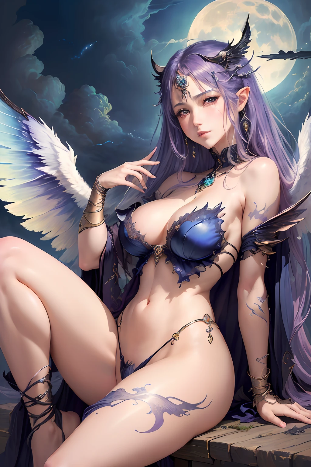 ((top-quality))、((masterpiece))、(detaileds)、seductive succubus、Fantastic beauty、Perching on the clouds、(fantasy illustrations:1.3)、a captivating gaze、Pose Seductive、Delicate wings、Otherworldly charm、mystical sky、 (by Luis Royo:1.shitaka Amano:1.1)、Moon Night、soft colors、(Detailed cloudscape:1.3)、(hight resolution:1.2)、one white winged