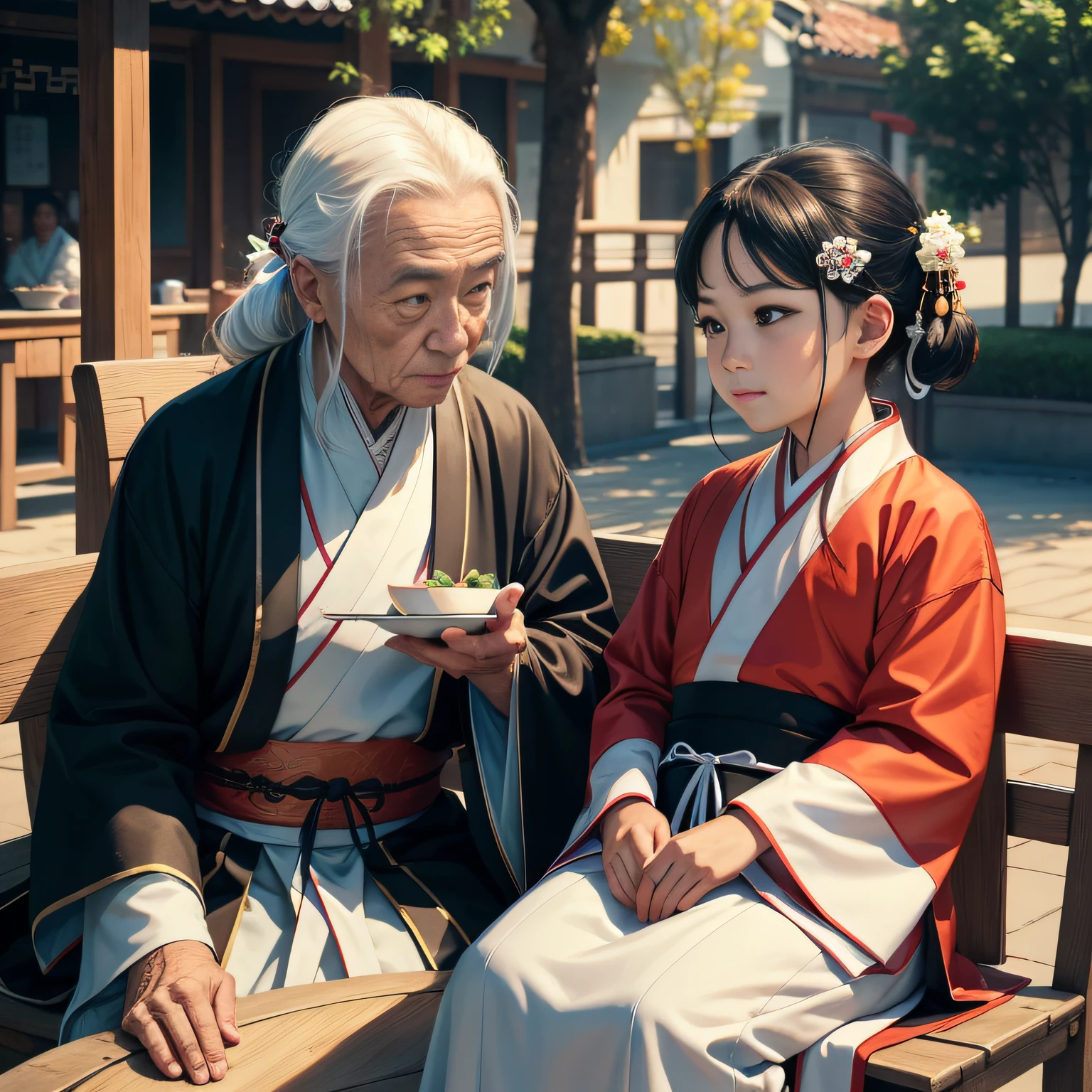 8K,tmasterpiece,Natural lighting,sitting before a table,Outdoor photography,sface focus,detailed face with,facial wrinkle,2 people,Sit face to face,Male elderly,White hair,Hairpins,Taoist costumes,Hanfu,5 year old boy
