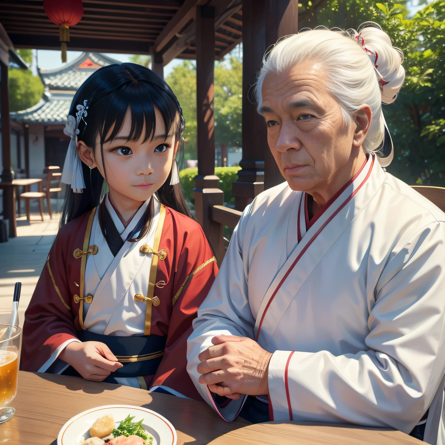 8K，tmasterpiece，Natural lighting，sitting before a table，Outdoor photography，sface focus，detailed face with，facial wrinkle，2 people，Sit face to face，Male elderly，White hair，Hairpins，Taoist costumes，Hanfu，5 year old boy