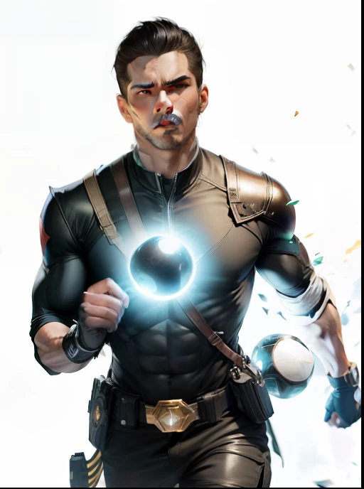 "Black photorealistic hero outfit with a power ball in hand"