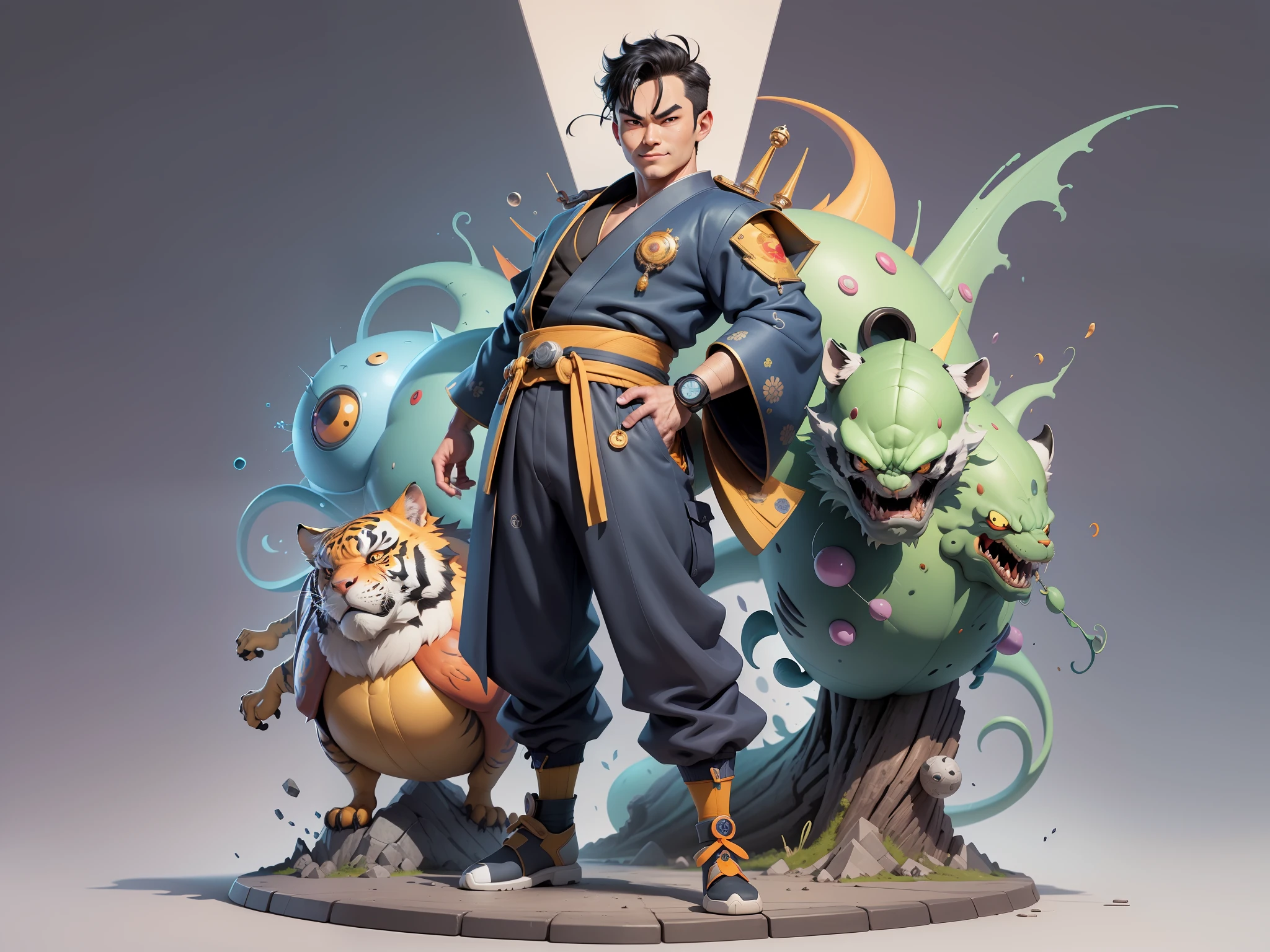 (Masterpiece), (Excellent), (Super Meticulous), (Full Body: 1.2), Super Young Man, Oriental Face, Japanese Kimono, Japanese Wind Thunder God, Dragon, Tiger, TV Anchor, Bust Portrait Illustration, Alone, Black Suit, Blue Tie, Slightly Chubby Face, Very Clean Face, No Beard, Black Super Short Hair, Black Eyes, Confident Smile, 3c Computer Sub-Products, iPad, iPhone, Digital Painting, 3D Character Design by Akira Toriyama and Mark Claireden and Pixar and Hayao Miyazaki, The illustration is a high-definition illustration in 4K resolution with very detailed facial features and cartoon-style visuals.
