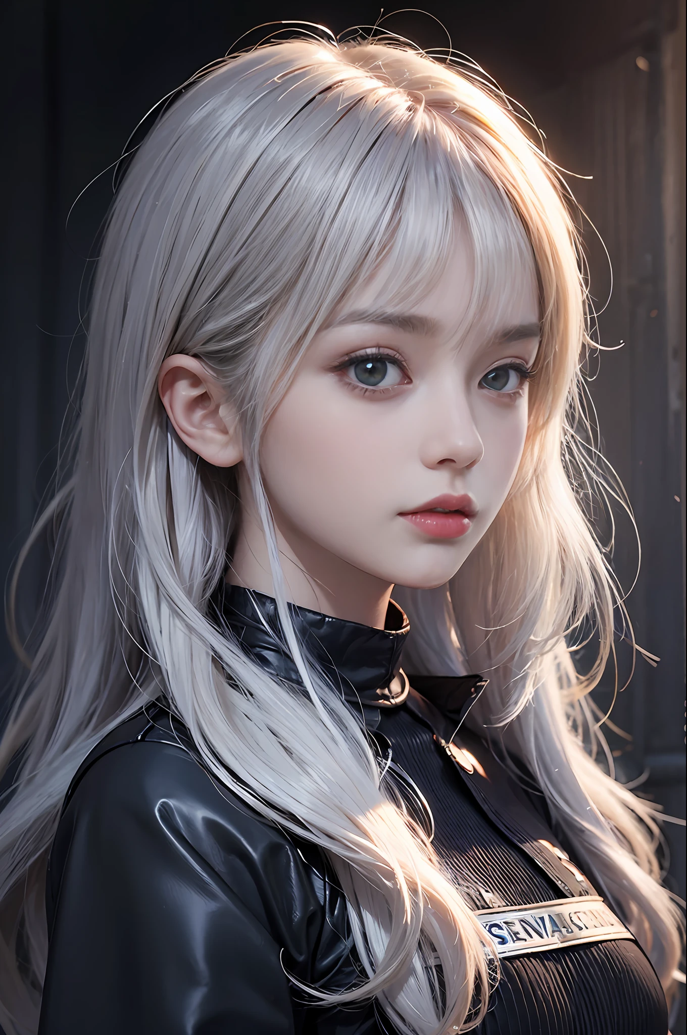 Volumetric lighting、extra detailed face、1girl in、Dark、deep-shadows、lowkey、cowboy shot、(Formula service:1.4)、length hair、white hair、25-years old