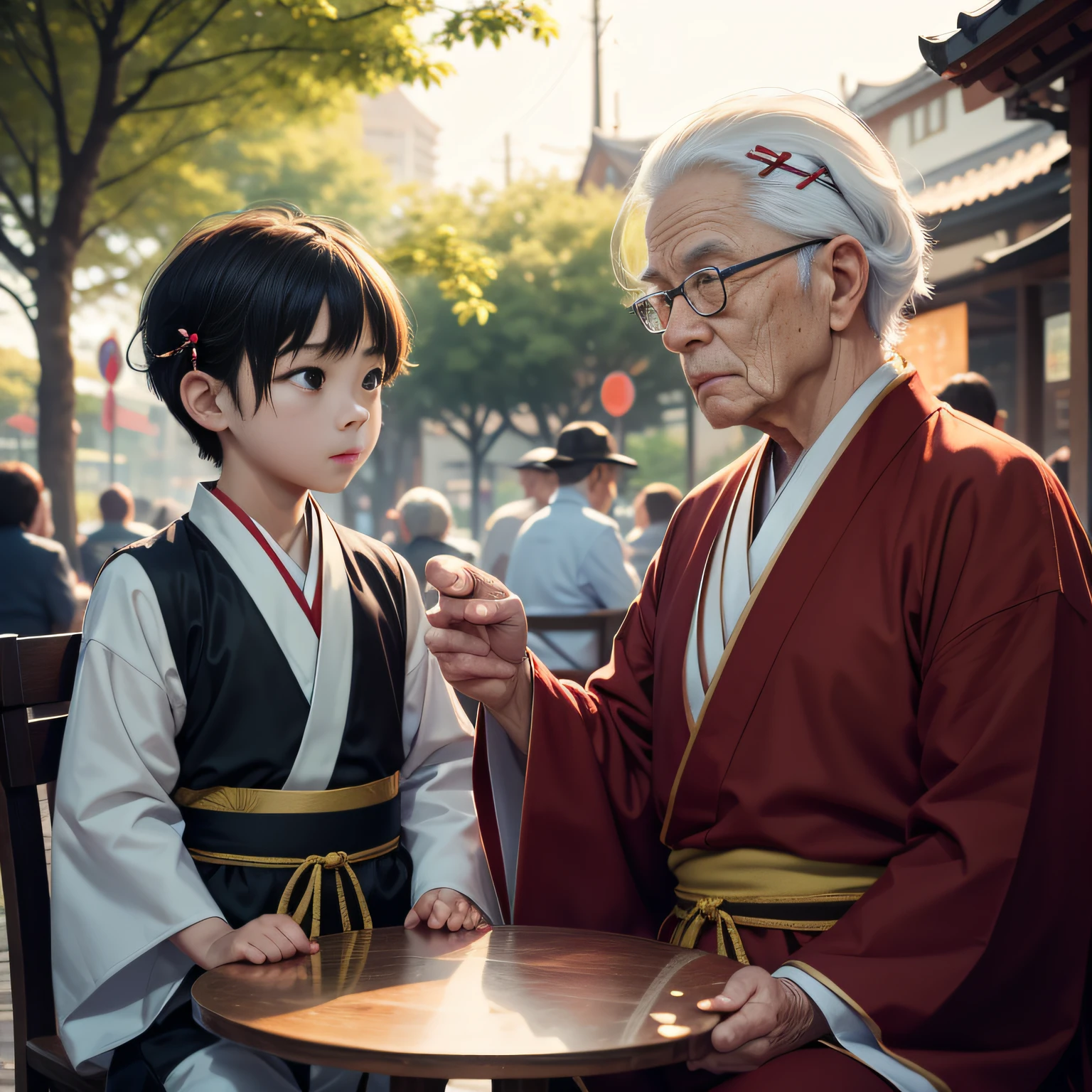8K,tmasterpiece,Natural lighting,sitting before a table,Outdoor photography,sface focus,detailed face with,facial wrinkle,2 people,Sit face to face,Male elderly,White hair,Hairpins,Taoist costumes,Hanfu,5 year old boy
