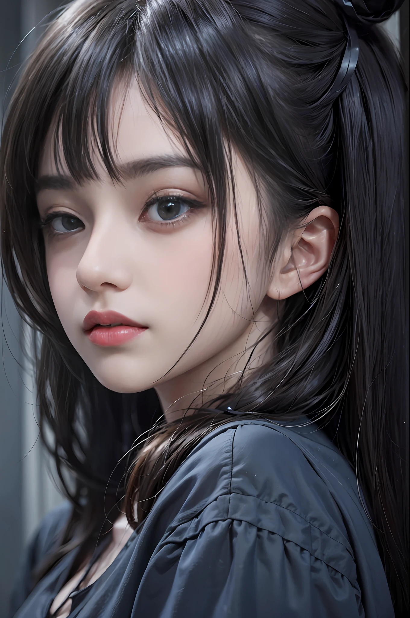 Volumetric lighting、extra detailed face、1girl in、profound darkness、total darkness、Dark、deep-shadows、lowkey、cowboy  shot、(Formula service:1.4)、length hair、A dark-haired