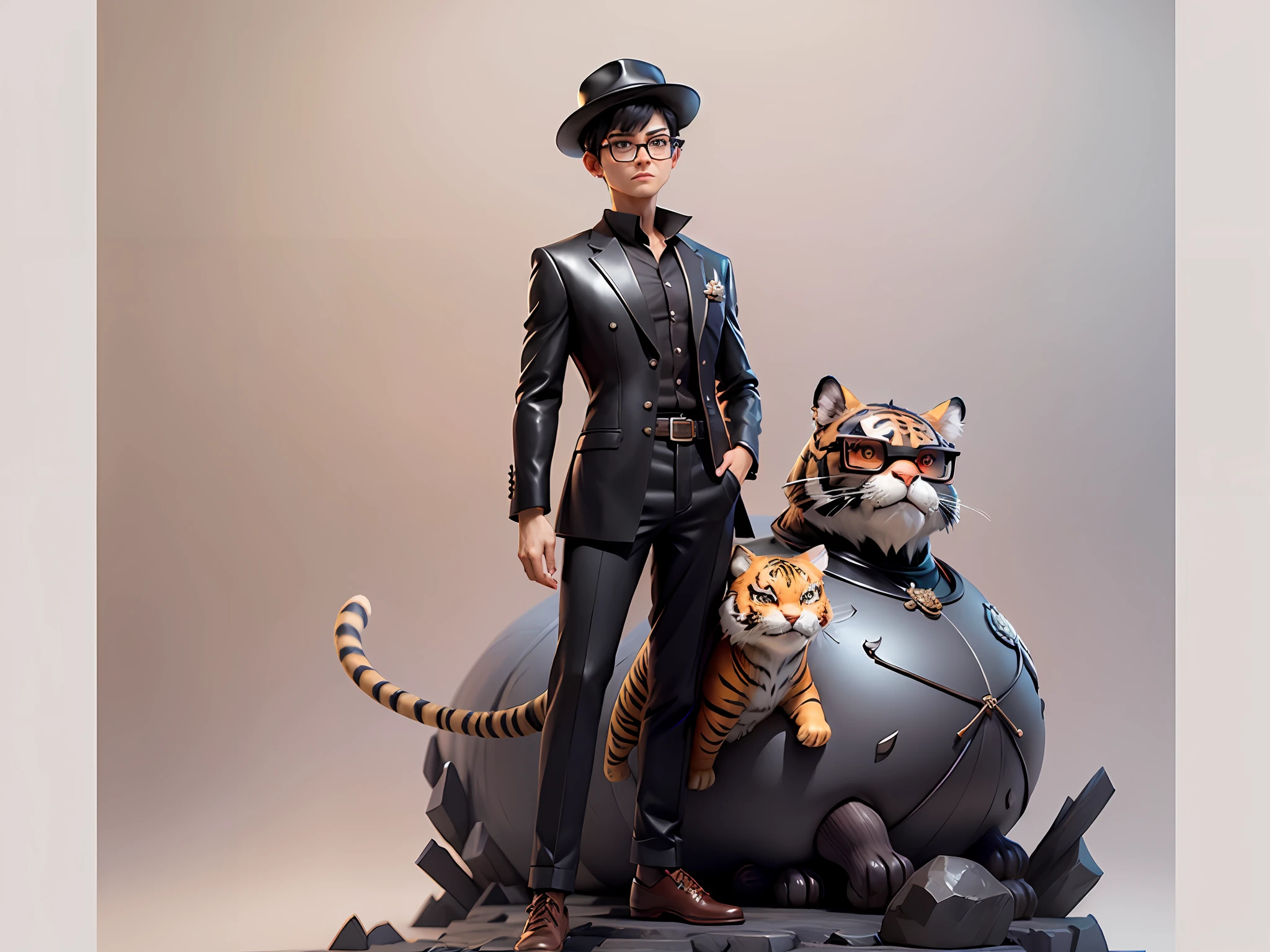 Young man with leather hat, tiger, dragon, oriental face in formal suit, short black hair, silver glasses, digital painting, 3D character design by Mark Clairedon and Pixar and Hayao Miyazaki and Akira Toriyama, the illustration is a high-definition illustration in 4K resolution with very detailed facial features and cartoon-style visuals.