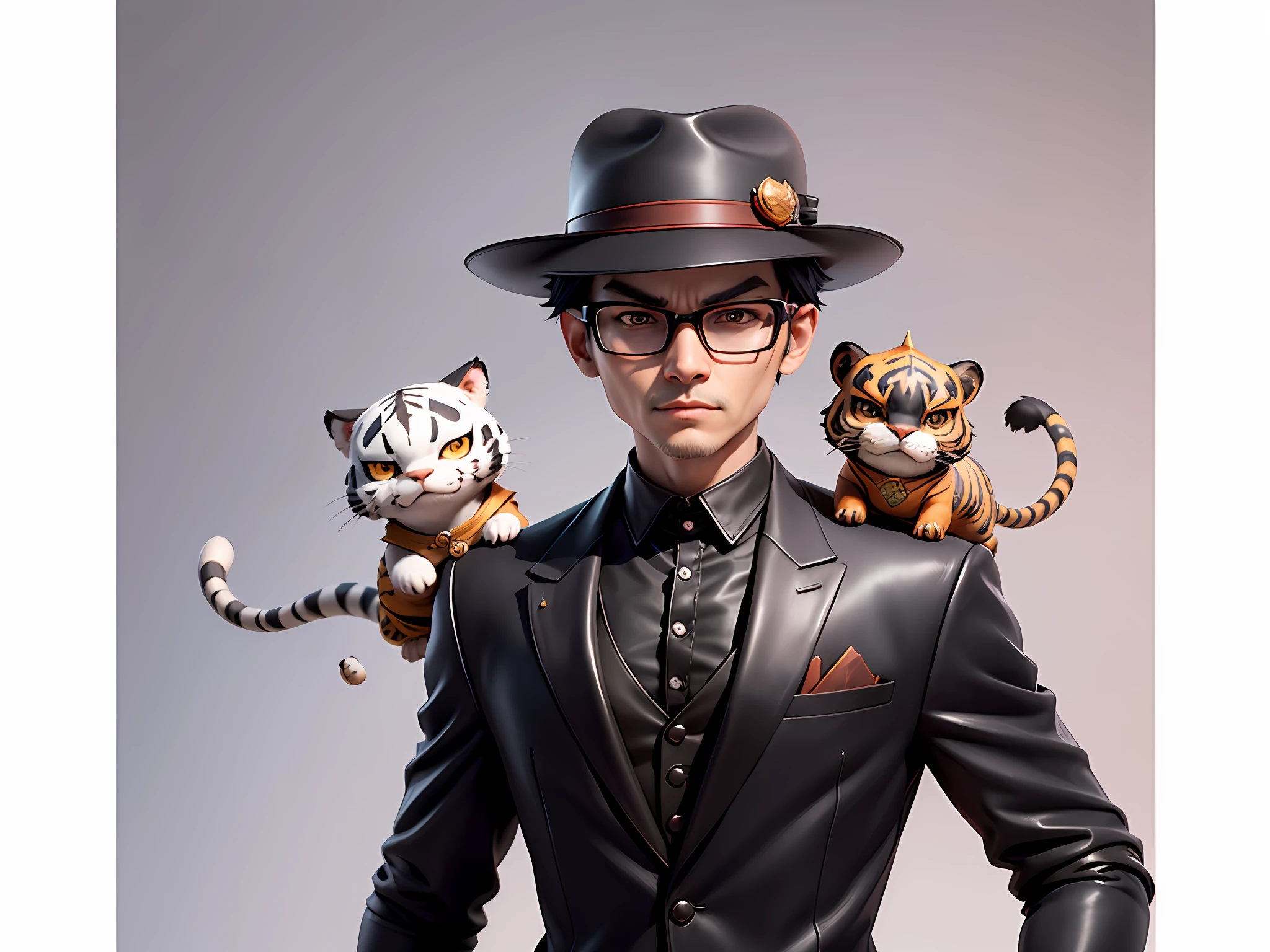 Young man with leather hat, tiger, dragon, oriental face in formal suit, short black hair, silver glasses, digital painting, 3D character design by Mark Clairedon and Pixar and Hayao Miyazaki and Akira Toriyama, the illustration is a high-definition illustration in 4K resolution with very detailed facial features and cartoon-style visuals.