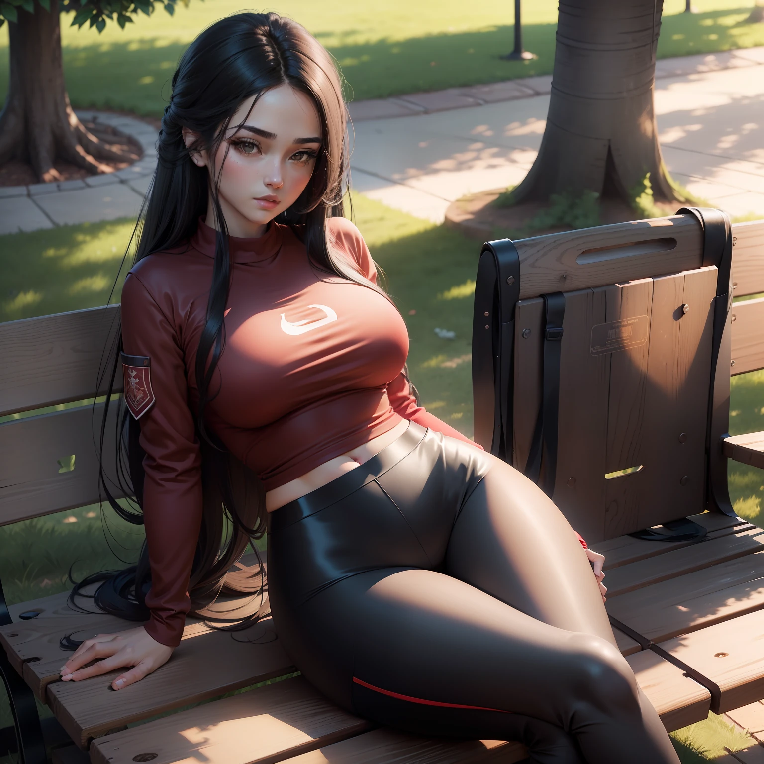 Masterpiece, best quality, (very detailed CG unit 8k wallpaper) (best quality), (best illustration), (best shadows) (realistic) hispanic woman, medium breasts, wide hips, wearing red long sleeve shirt, wearing black nike pro pants, long black hair straight hair, big butt, sitting on park bench