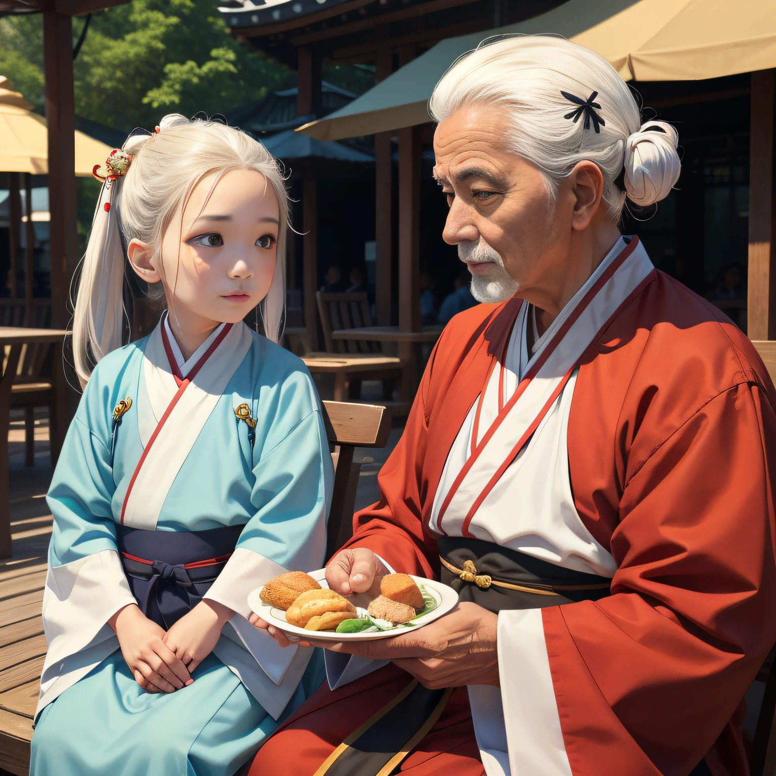 8K,tmasterpiece,Natural lighting,sitting before a table,Outdoor photography,sface focus,detailed face with,facial wrinkle,2 people,Sit face to face,Male elderly,White hair,Hairpins,Taoist costumes,Hanfu,5 year old boy