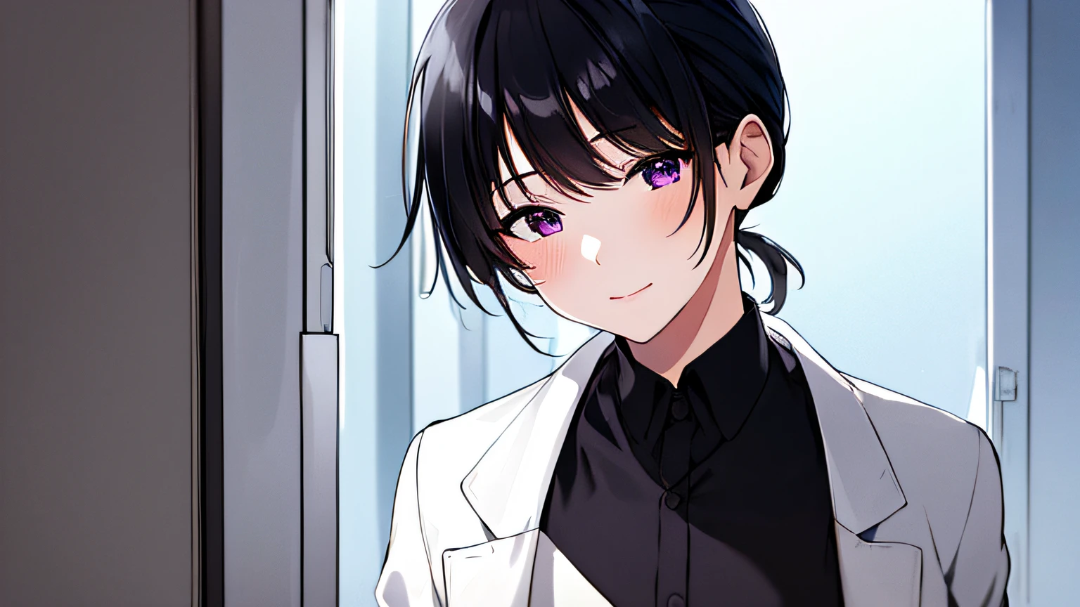 masterpiece, high quality, 8k, beautiful lighting, doga kobo, anime scene, 1girl, solo, hashimoto_mai, black hair, very short ponytail hair, small to medium breast, purple eyes, white pharmacist coat, upper body, looking at viewer, slight smile, outlet, pharmacy