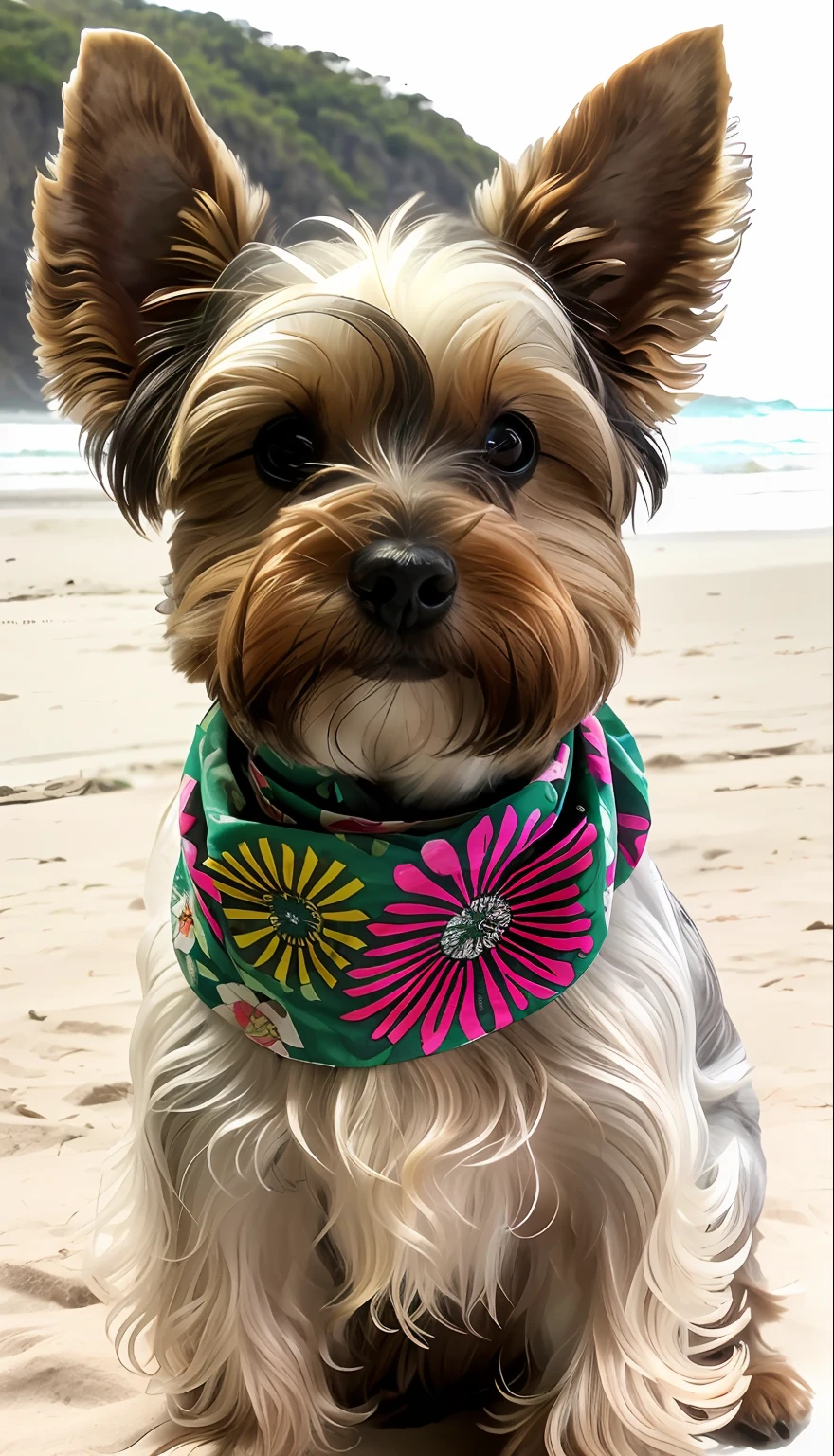 realismo, for pererê act, um close up de um cachorro pequeno usando uma bandana, margarida, Bandanas, bandana, flower child, retrato frontal, olhando para o lado, front facing the camera, bandana colorida, Yorkshire Terrier, atordoante!, close-up frontal, Suki, poder da flor, visual vintage, elegante, Aussie, hippie, reduzido, Jazzy, caseoso, olhando de lado, bonito, sentado na areia da praia, praia com por do sol, na praia