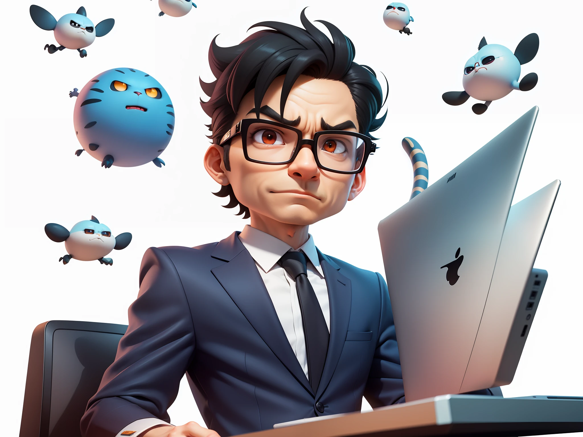 A young man in a suit, Short hair and glasses sat at his desk，holding laptop，digitial painting，tigre，3D character design by Mark Clairen and Pixar and Hayao Miyazaki and Akira Toriyama，4K HD illustration，Very detailed facial features and cartoon-style visuals。