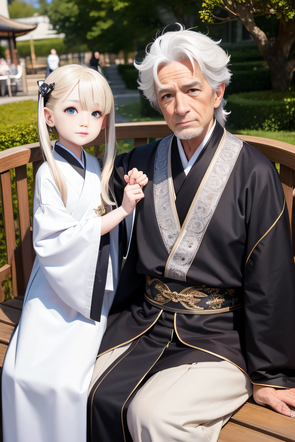 8K,tmasterpiece,Natural lighting,sitting before a table,Outdoor photography,sface focus,detailed face with,facial wrinkle,2 people,Sit face to face,Male elderly,White hair,Hairpins,Taoist costumes,Hanfu,5 year old boy