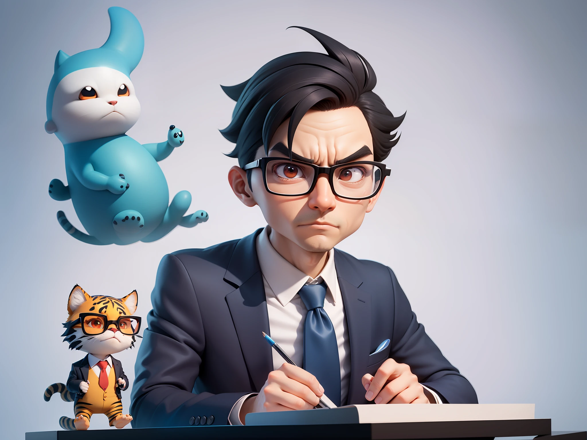 A young man in a suit, Short hair and glasses sat at his desk,holding laptop,digitial painting,tigre,3D character design by Mark Clairen and Pixar and Hayao Miyazaki and Akira Toriyama,4K HD illustration,Very detailed facial features and cartoon-style visuals。