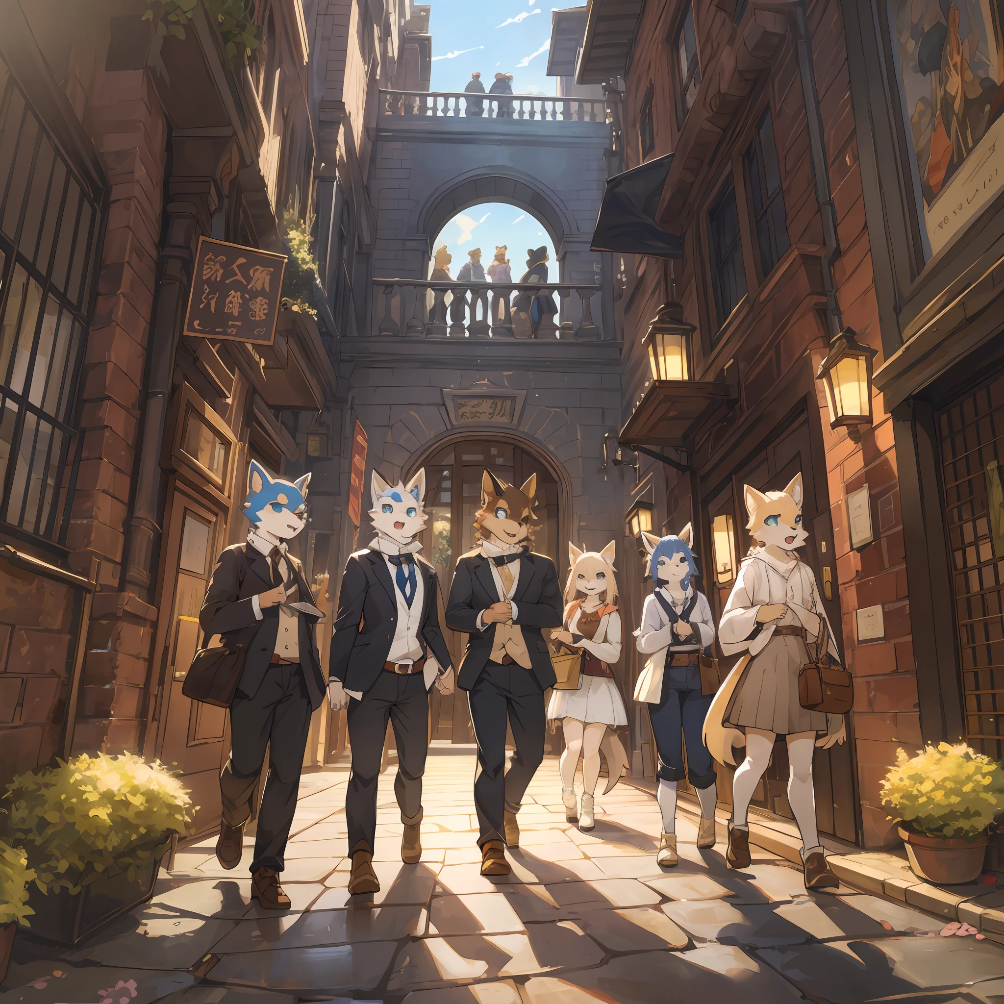 top quality, best quality, High-quality illustrations, masterpiece, super high resolution, detailed background, Baker Street 221B entrance door and doorstep decor, Recreation of the Triumph stage, Holmes and Watson progressing vividly, 6+boys, 6+girls, absurdres(highly detailed beautiful face and eyes)perfect ???????, expression, good lighting, cinematic shadow(kemono, furry anthro)assorted poses, dynamic angle,