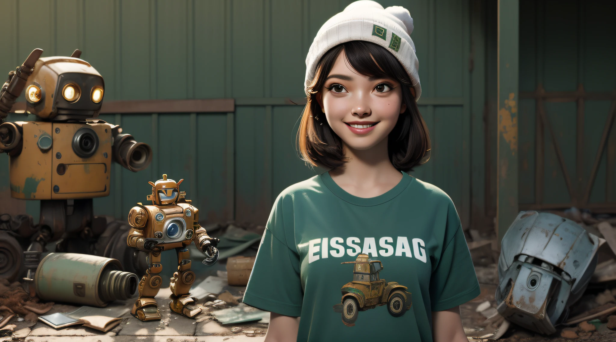menina afro brasileira com toque blanche sorrindo estilo monalisa, facing the camera wearing a green T-shirt, Catching a rusty, dusty robot, Abandoned shed background with several dismantled objects