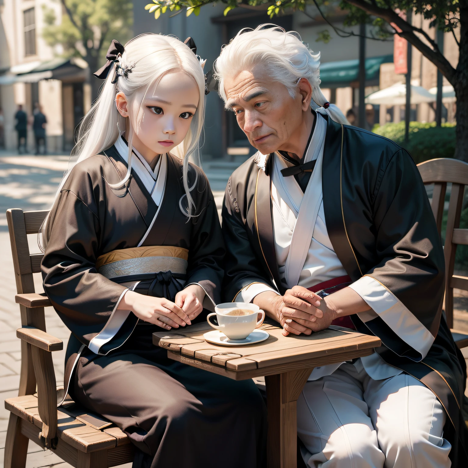 8K，tmasterpiece，Natural lighting，sitting before a table，Outdoor photography，sface focus，detailed face with，facial wrinkle，2 people，Sit face to face，Male elderly，White hair，Hairpins，Taoist costumes，Hanfu，5 year old boy