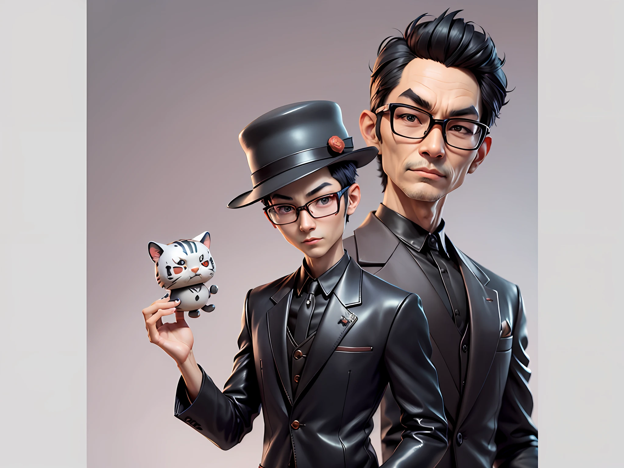 Young man with oriental face in leather hat, tiger, oriental face in formal suit, short black hair, silver glasses, digital painting, 3D character design by Mark Clairedon and Pixar and Hayao Miyazaki and Akira Toriyama, the illustration is a high-definition illustration in 4K resolution with very detailed facial features and cartoon-style visuals.