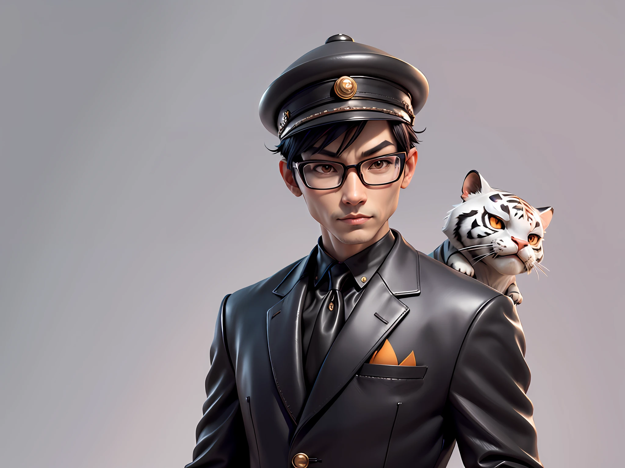 Young man with oriental face in leather hat, tiger, oriental face in formal suit, short black hair, silver glasses, digital painting, 3D character design by Mark Clairedon and Pixar and Hayao Miyazaki and Akira Toriyama, the illustration is a high-definition illustration in 4K resolution with very detailed facial features and cartoon-style visuals.