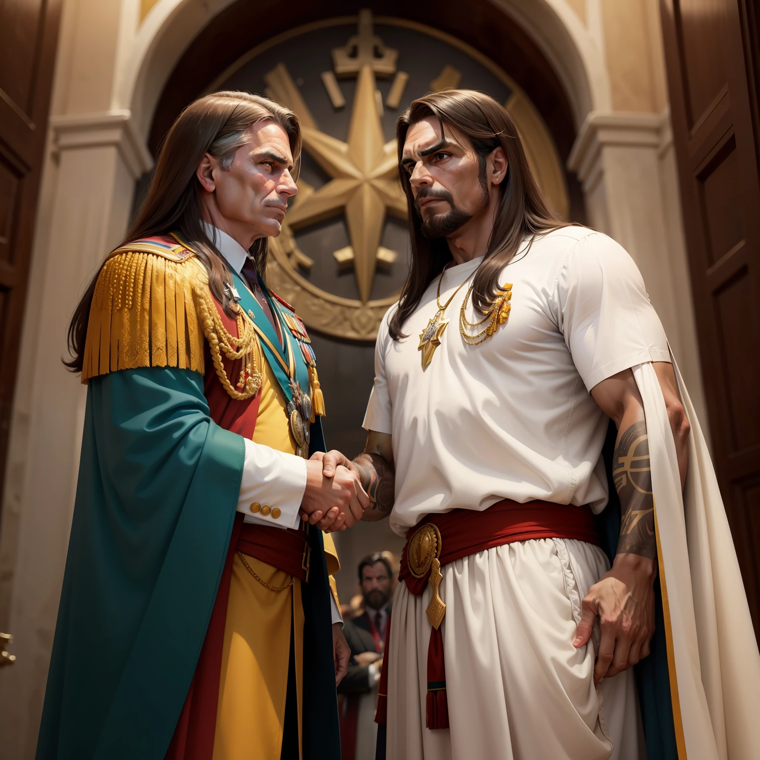 President Jair Bolsonaro shakes hands with Jesus Christ the King, Arte realista, cores impactantes, roma antiga, heaven, Cores do Brasil