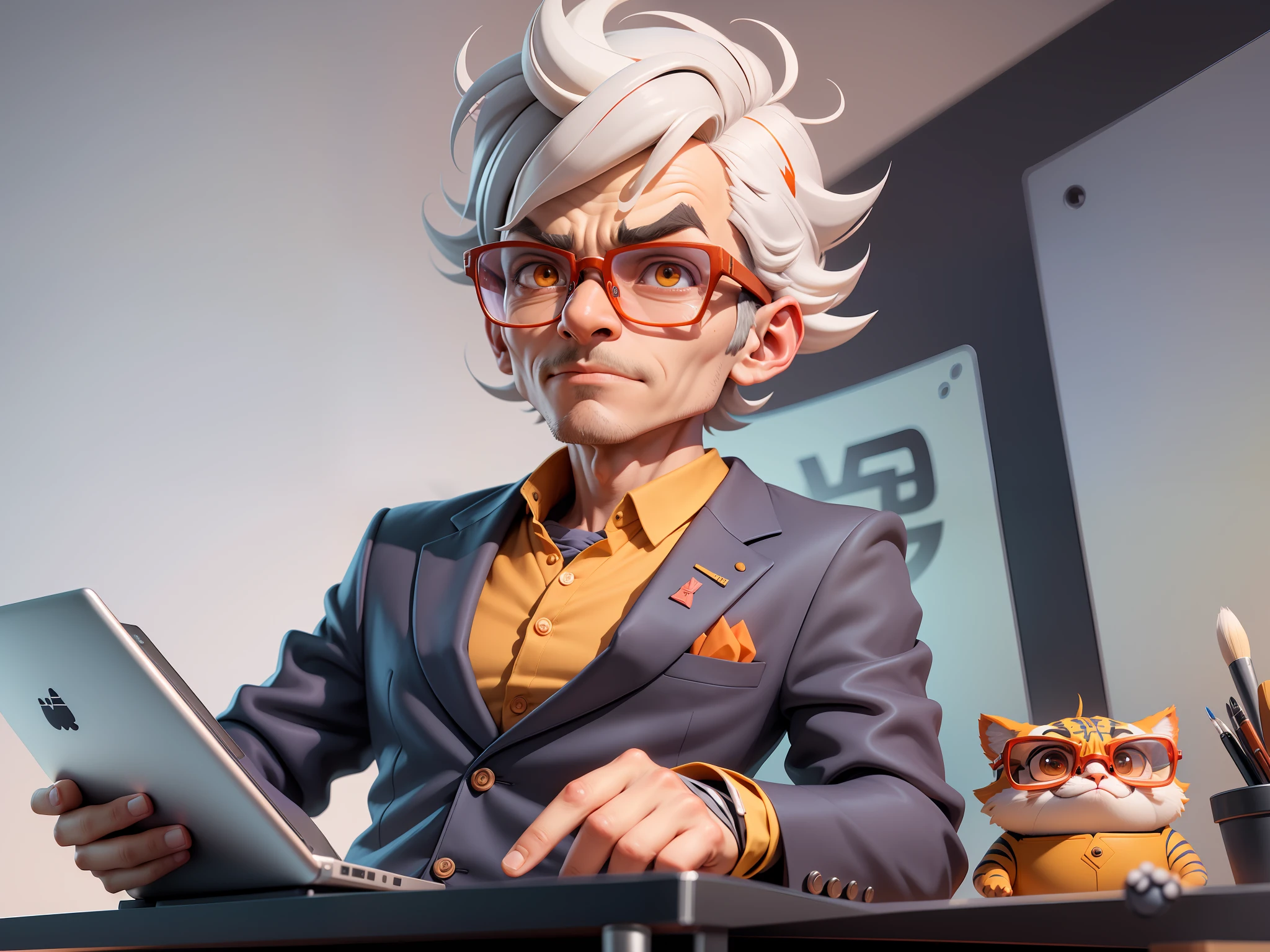 A young man in a suit, Short hair and glasses sat at his desk,holding laptop,digitial painting,tigre,3D character design by Mark Clairen and Pixar and Hayao Miyazaki and Akira Toriyama,4K HD illustration,Very detailed facial features and cartoon-style visuals。