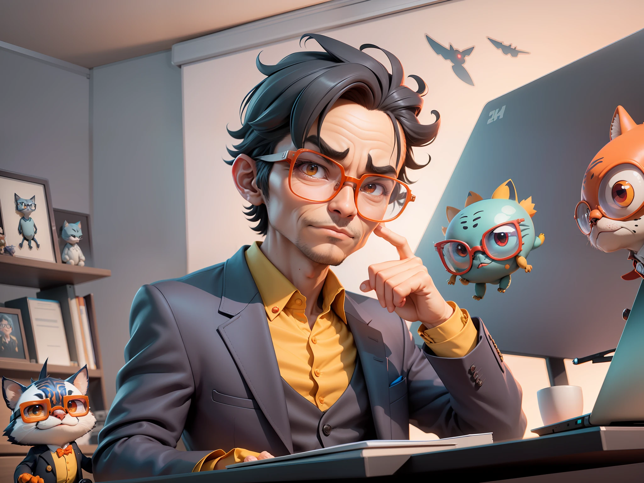 A young man in a suit, Short hair and glasses sat at his desk,holding laptop,digitial painting,tigre,3D character design by Mark Clairen and Pixar and Hayao Miyazaki and Akira Toriyama,4K HD illustration,Very detailed facial features and cartoon-style visuals。