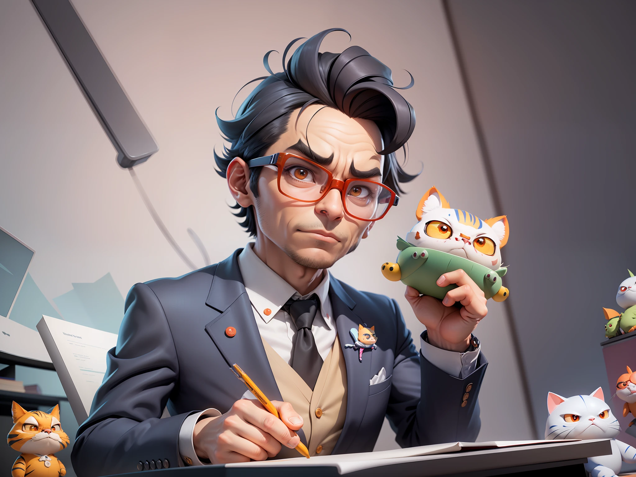 A young man in a suit, Short hair and glasses sat at his desk,holding laptop,digitial painting,tigre,3D character design by Mark Clairen and Pixar and Hayao Miyazaki and Akira Toriyama,4K HD illustration,Very detailed facial features and cartoon-style visuals。