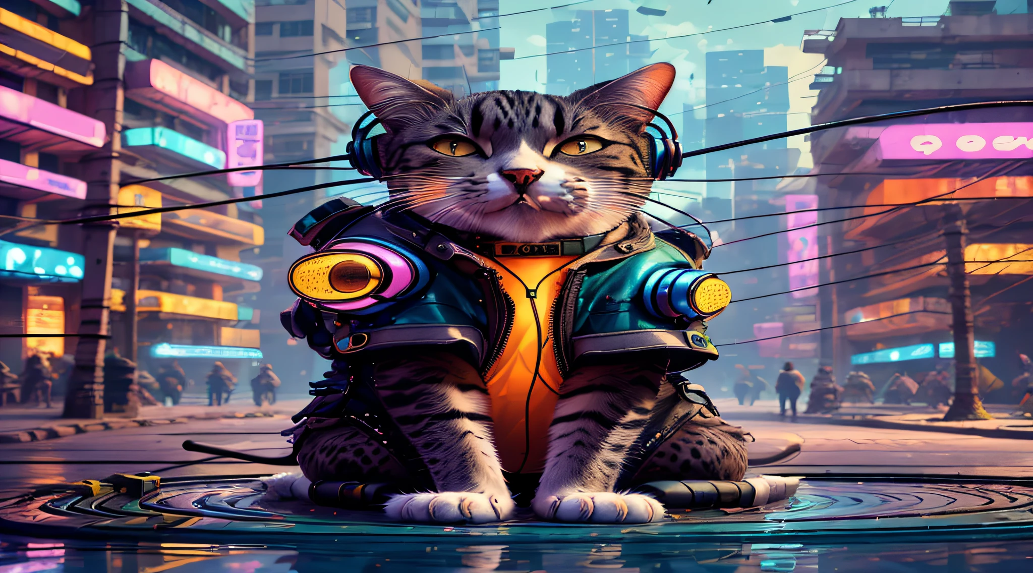 A cat with headphones and a jacket is sitting on a large lily leaf in a fountain. Cyberpunk and post-Soviet modernism  style themed. closeup view, neon lights., Pop art, Pixar, three sided view, UHD, anatomically correct, textured skin, super detail, high quality, 4K