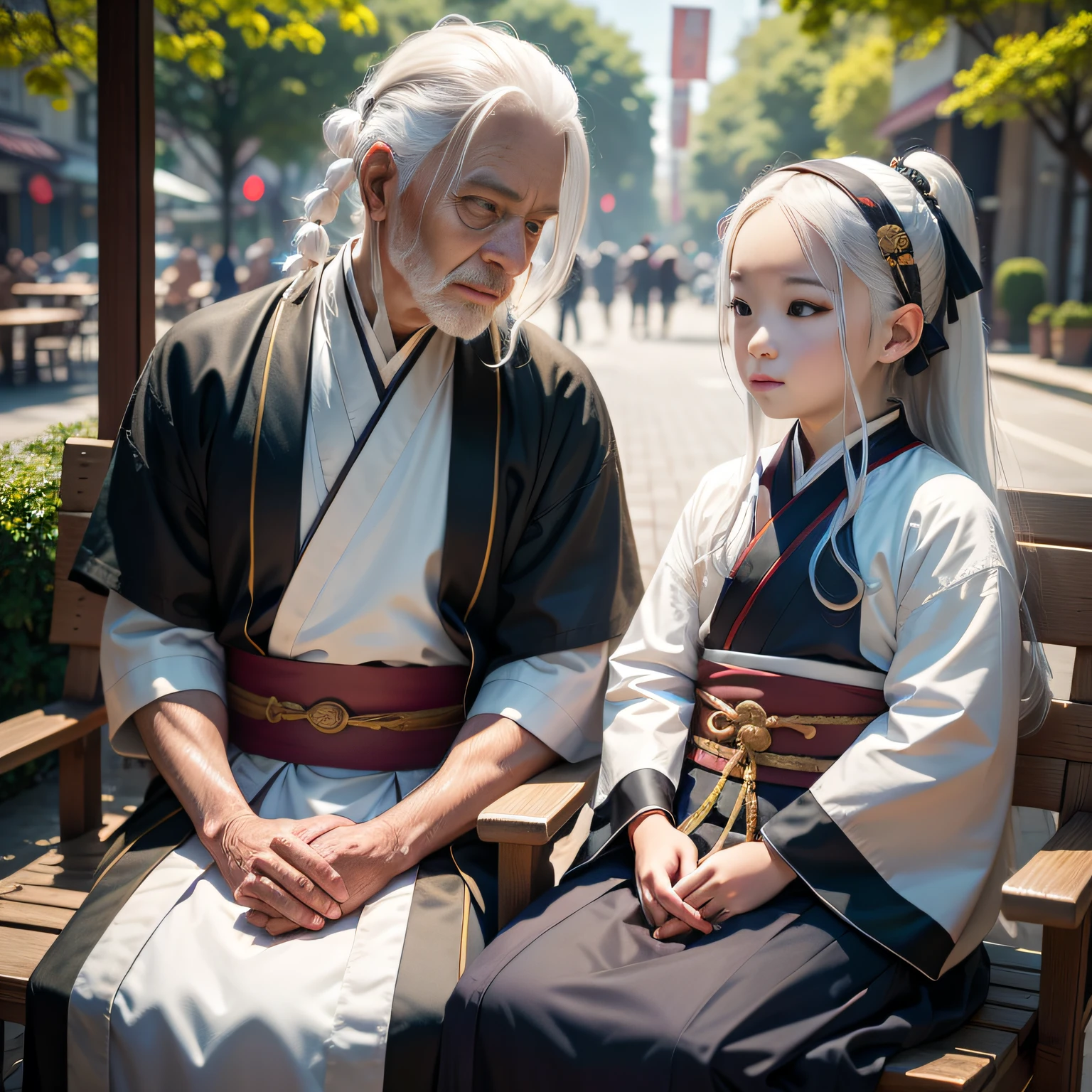 8K,tmasterpiece,Natural lighting,sitting before a table,Outdoor photography,sface focus,detailed face with,facial wrinkle,2 people,Sit face to face,Male elderly,White hair,Hairpins,Taoist costumes,Hanfu,5 boy