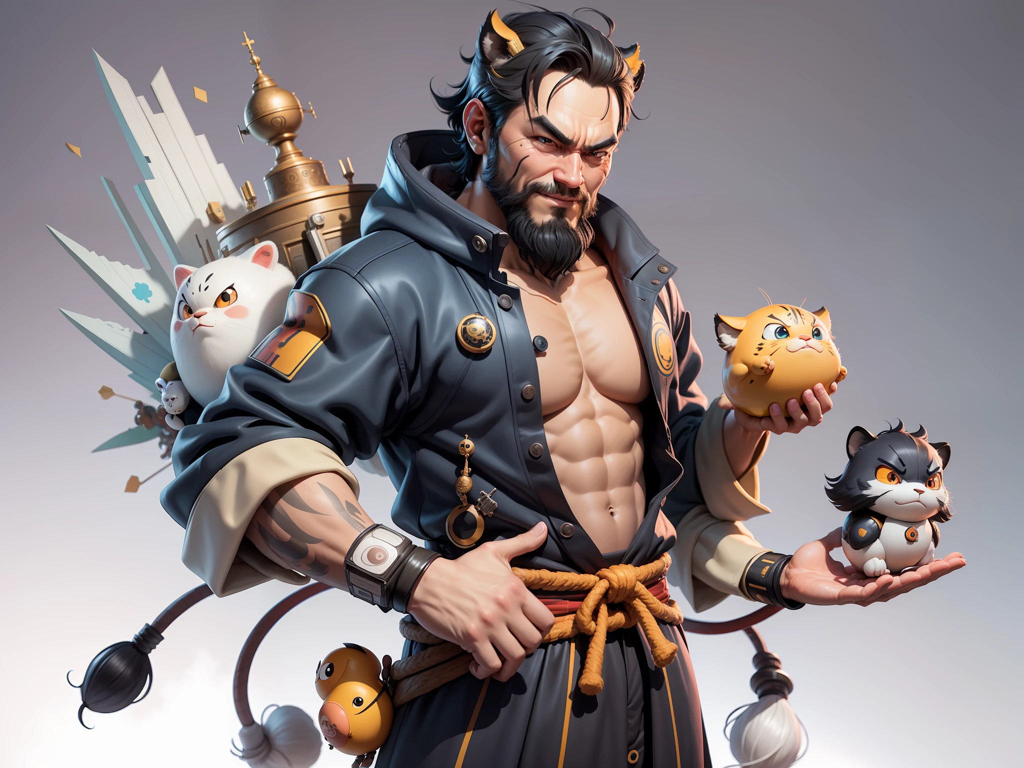 (Daisaku),(Need),(Super meticulous),(full bodyesbian:1.2),Super young man with Japanese geisha,Beautiful,orient,one tiger,Aeolian Thor,Raised sexy,爆乳,Oriental face,TV Anchor,Bust portrait illustration,In black suit,a blue tie,The face is slightly chubby,The face was clean,without a beard,Black super short hair,Black eyes,Smile confidently,3C computer sub-products,iPad, iphone,Digital painting,3D character design by Mark Clairen and Pixar and Hayao Miyazaki and Akira Toriyama,The illustration is a high-definition illustration in 4K resolution,With very detailed facial features and cartoon-style visuals。