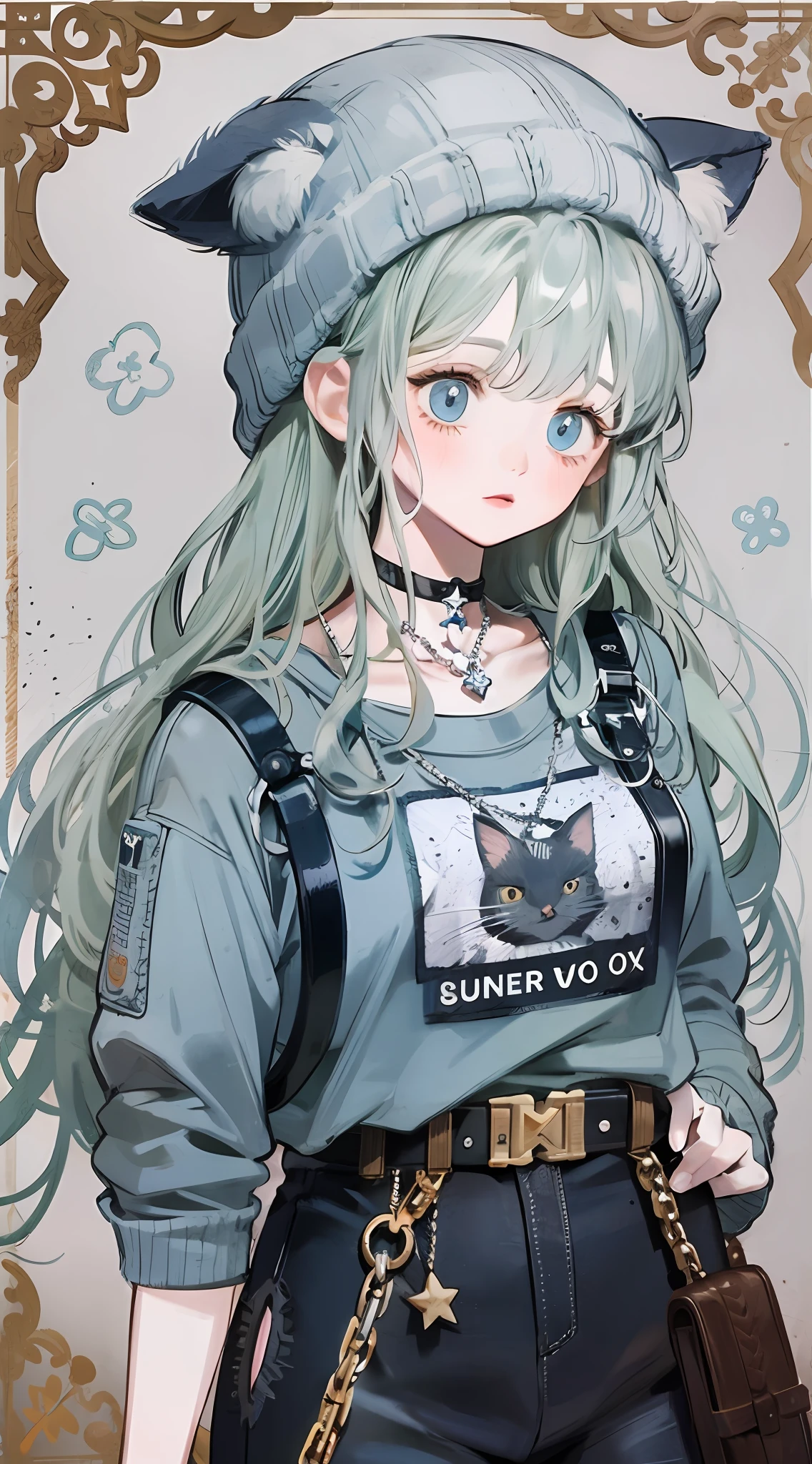 1boy, cozy winter hat beanie with cat ears, striped hat, edgy aesthetic, grunge clothes, tattered sweater with a dress shirt underneath, belt with chains, cargo pants, platform sneakers, silver adornments and accesories, choker with star, cute print, pattern background that is cute, the color palette is muted and pastel colors only, (color palette is: muted light blue, white, gray)