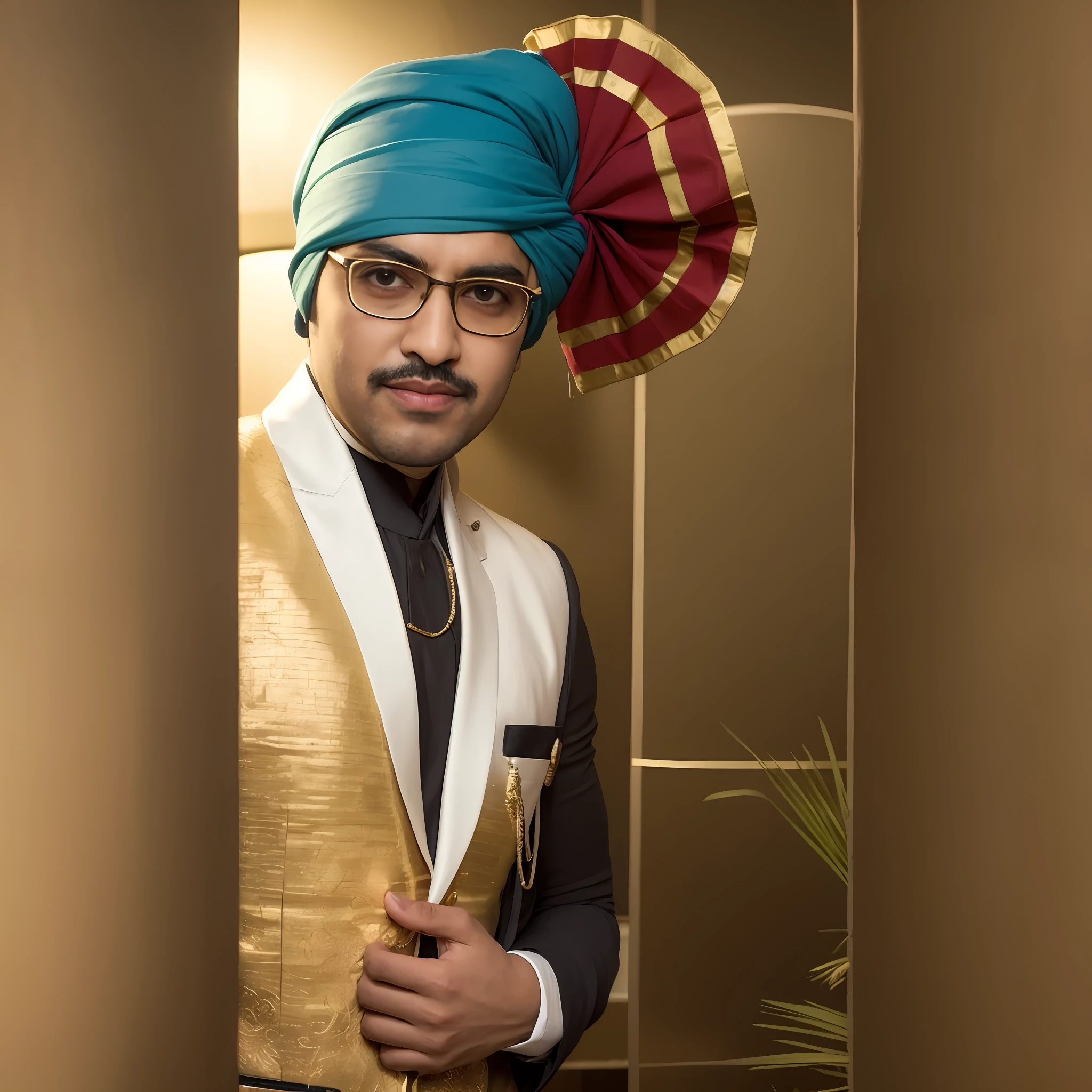 there is a man wearing a turban and a suit and tie, wearing traditional garb, inspired by Saurabh Jethani, dressed in a jodhpuri suit, * colour splash *, a handsome, turban, wearing a turban, inspired by Kailash Chandra Meher, with lovely look, candid picture, biopic, groom, portrait shot, very handsome, jayison devadas