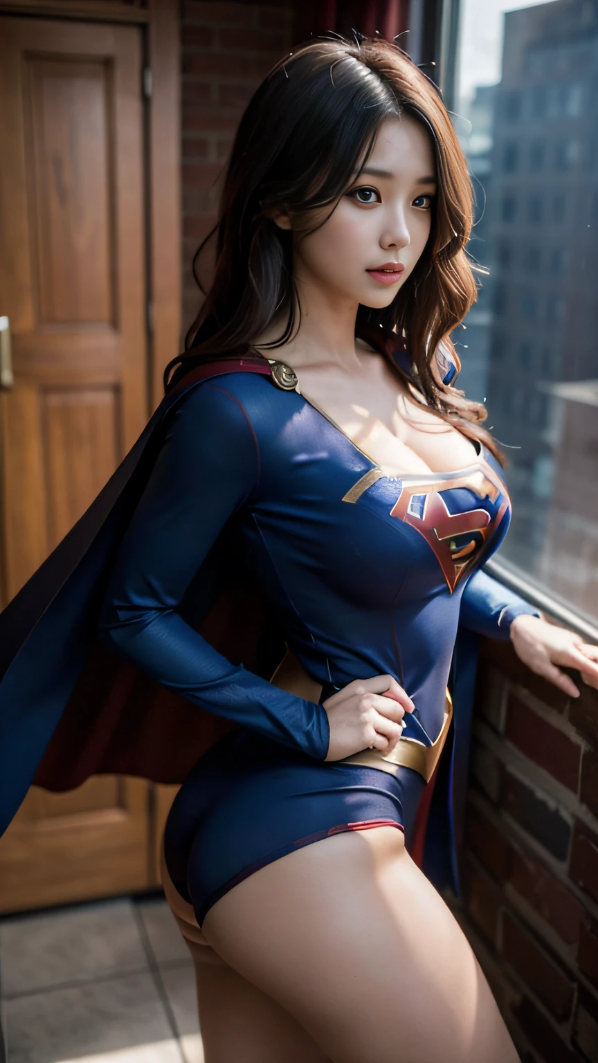 Woman body set big breasts，Supergirl costume dress，cleavage，Bare chest，Exposed panties，does not wear panties，ass focus
