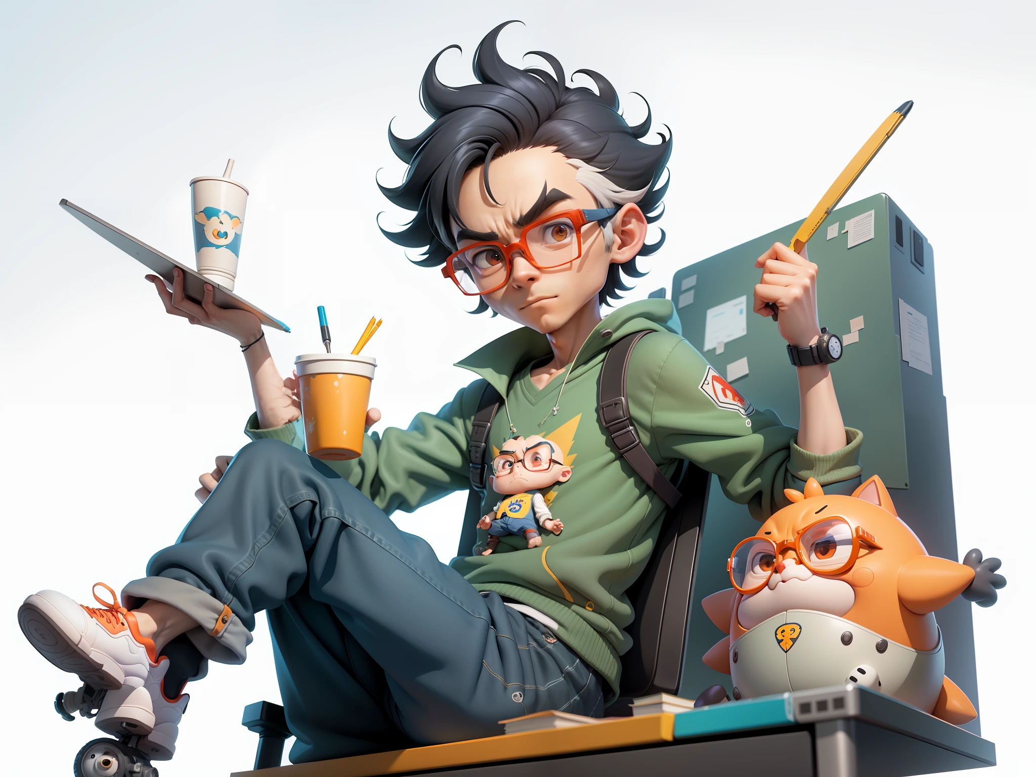 A young man with glasses sits at his desk，holding laptop，digitial painting，3D character design by Mark Clairen and Pixar and Hayao Miyazaki and Akira Toriyama，4K HD illustration，Very detailed facial features and cartoon-style visuals。