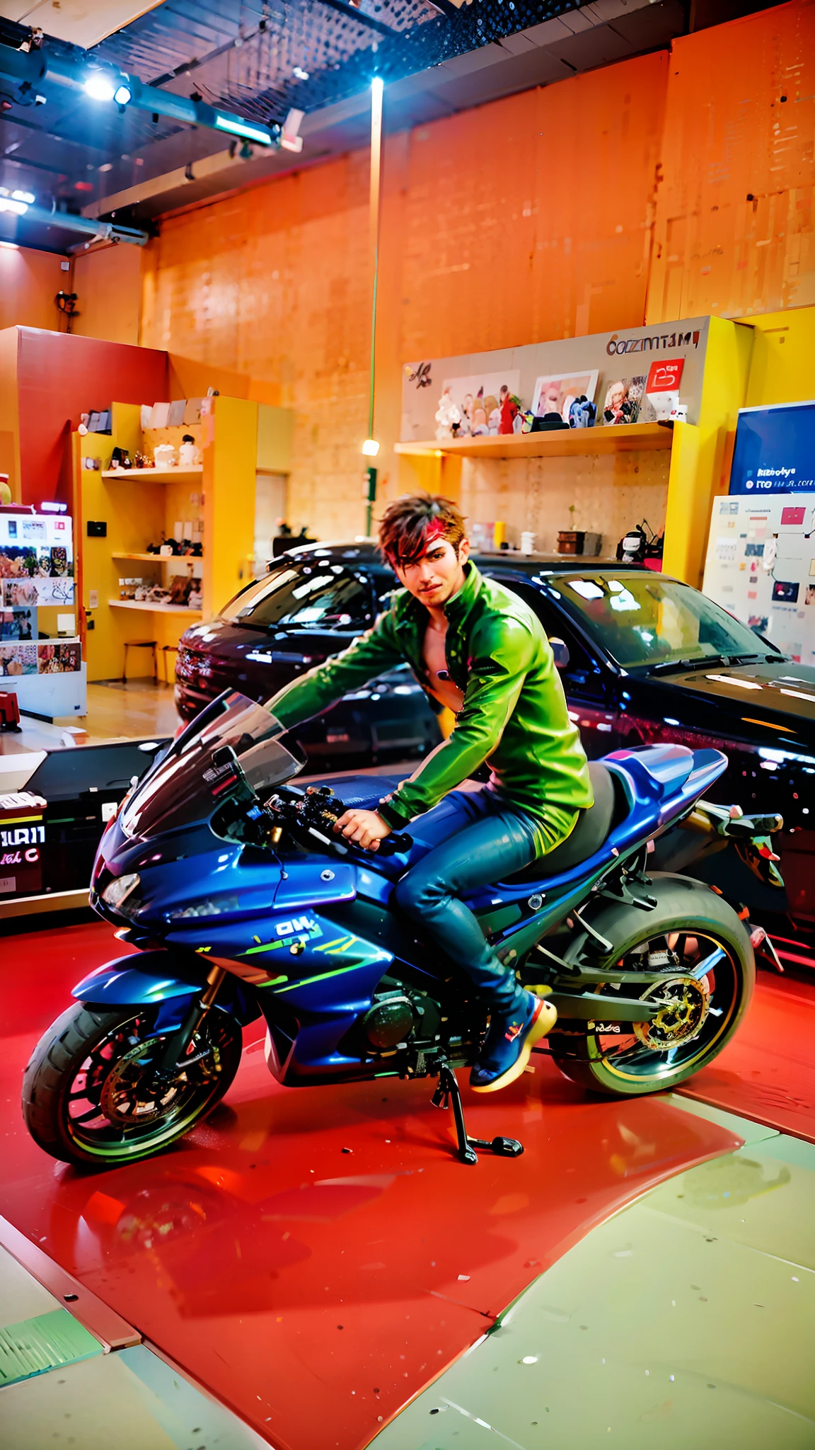 there is a man sitting on a motorcycle in a showroom, futuristic suzuki, shot on nikon z9, at racer track, taken with sony alpha 9, front profile!!!!, with octane, taken with sony a7r camera, # myportfolio, taken with the best dlsr camera, shot on canon eos r 5, shot on canon eos r5, artistic pose