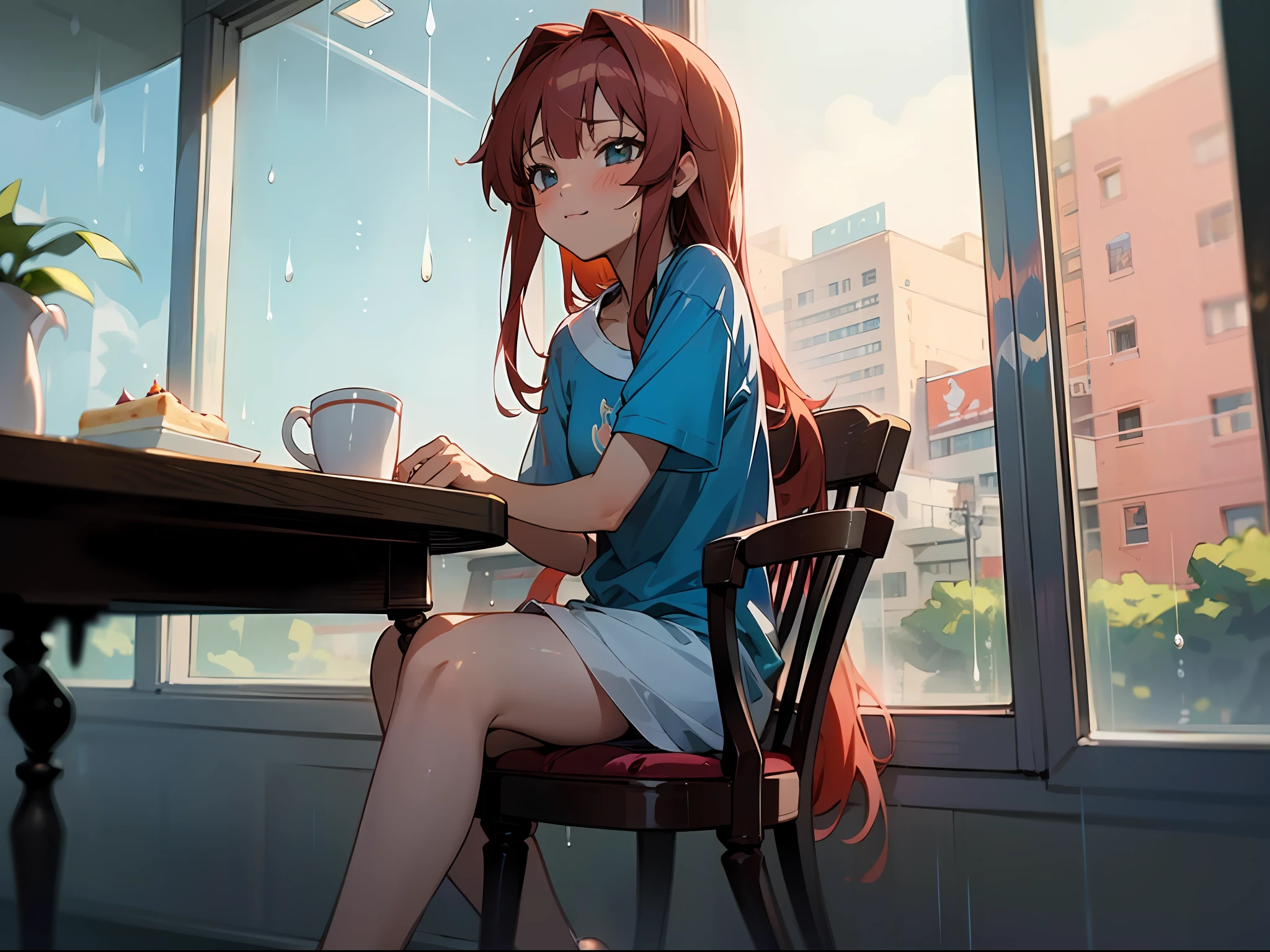 anime girl with red long hair, wearing blue tshirt , anime moe artstyle, full body seductive anime girl, sitting on the chair, cafe, day, rain drops at the window, cup, cake, blush, cute anime 8 k, , (anime girl), zerochan art, 1girl, h, high res, ultrasharp, 8k, masterpiece, perfect body, perfect face, cute face,