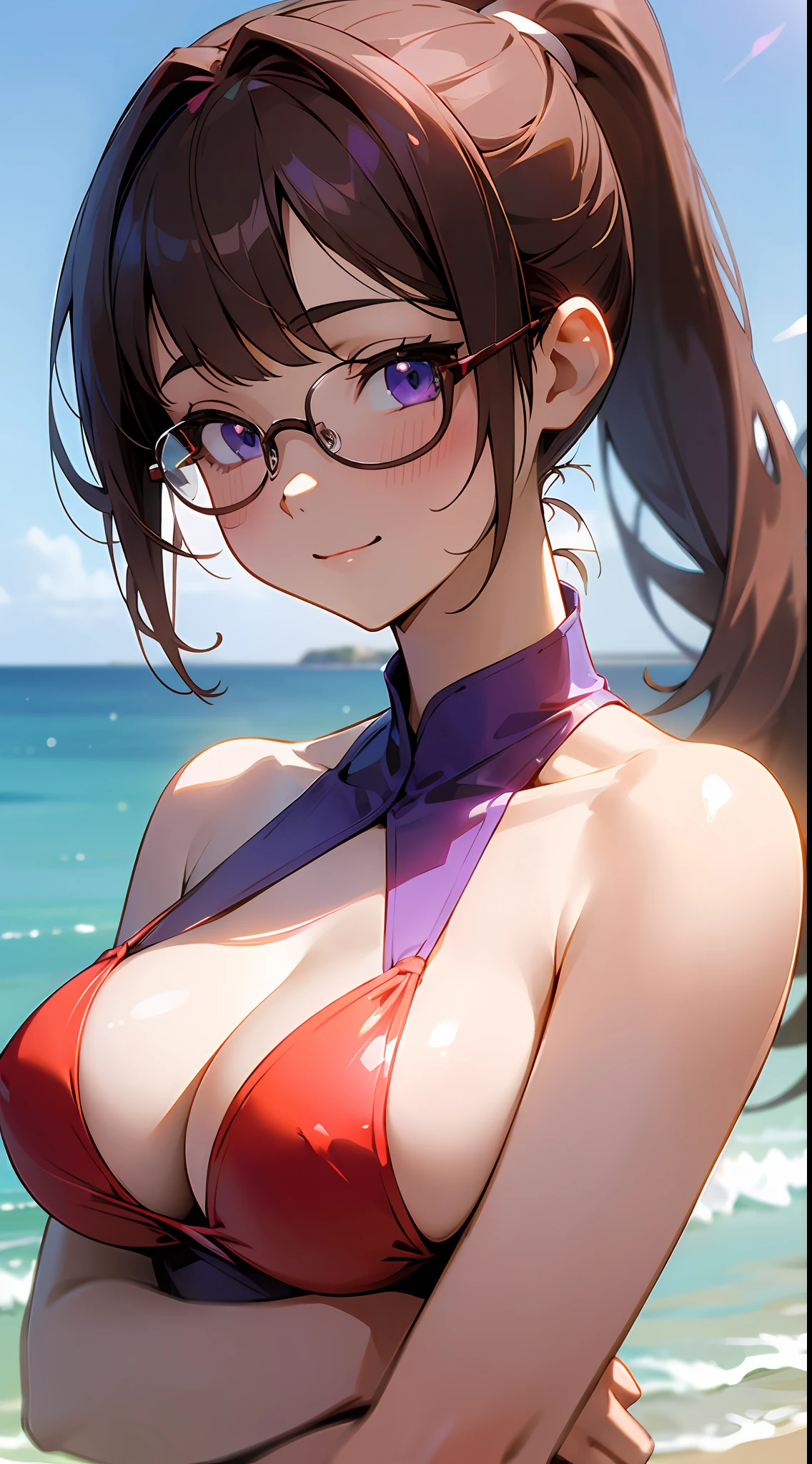 ((masterpiece)), ((best quality)), (ultra-detailed), ((kawaii)), cute, (lovely), ((sexy)), (ero), ((extremely detailed)), 4K, (8K), best quality, (beautiful), anime style, dynamic angle, upper body, folding  arms, focus on the face, ocean, beach, morning, summer, a cute girl, 1girl, solo, red bikini, beautiful dark brown hair, beautiful purple eyes, ((beautiful eyes)), white-skinned, ponytail, transparent hair, translucent hair, large breast, glasses, smile, lens flare