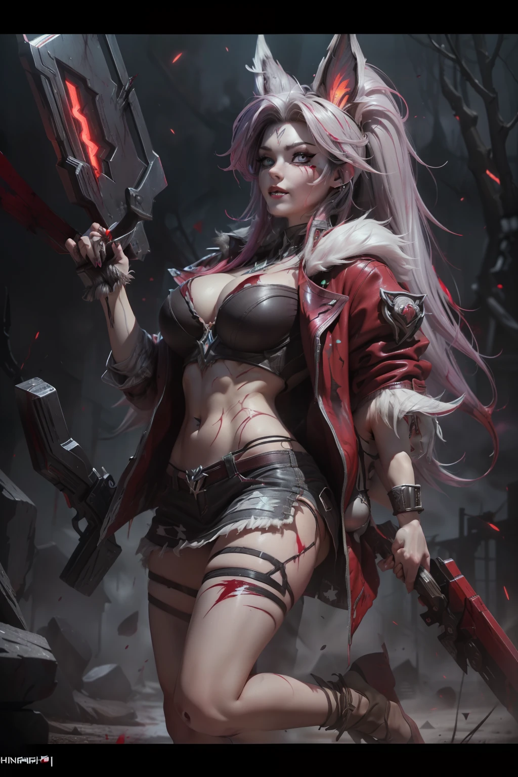 (Ashenhardt style:1.4), Masterpiece, Best quality, High quality,(Red eyes with dark red glow), (in profile), Abstraction, Deep Sea, Award-winning photography, Depth of field, HDR, Very detailed, Trending in art station, Trending in CGsociety, Complex, High detail,(Masterpiece: 1.2, highest quality), (Best lighting, very delicate and beautiful), (Best lighting, Very delicate and beautiful), (beautiful detailed face), (detailed eyes and detailed face:1.2), dark fantasy, (young girl, more than one girls, crazy smile, pale skin,G cup,cleavage,19 piercings,((tattoo all over body,tribal tattoo all over foot)) gray hair, red glowing eyes, dynamic angle, vampire), ((back art paint on the ground, pointy_ears, fangs, blood on face, blood rain, blood mist, (depth of field),high contrast,(blood splash:1.4),cowboy shot,full body, colorful poses,((Uniform,Blazer,Ruffled miniskirt,Light colored panties:1)),Cowboy shot,Denim jacket, really short clothes, NSFW