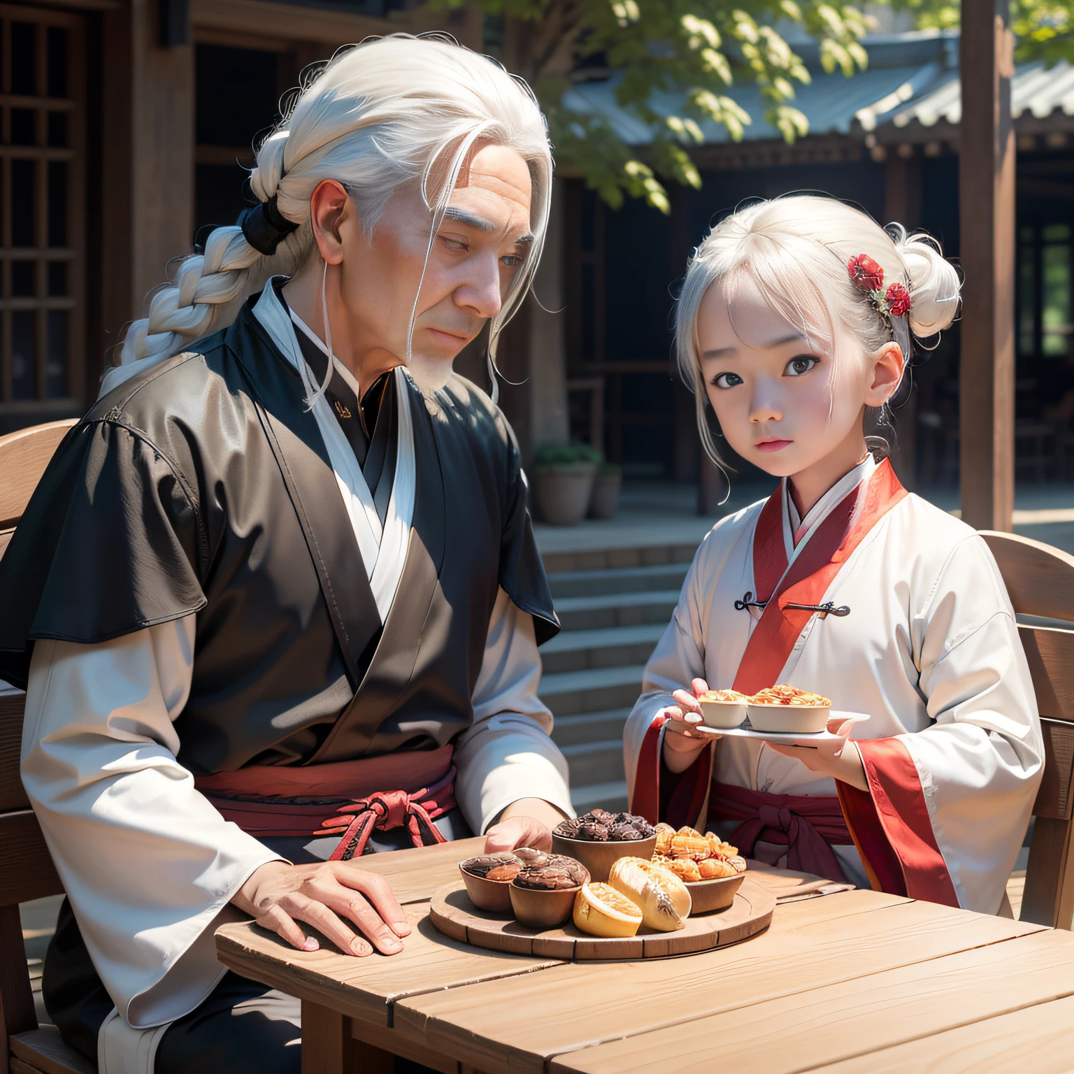 8K,tmasterpiece,Natural lighting,sitting before a table,Outdoor photography,sface focus,detailed face with,facial wrinkle,2 people,Sit face to face,Male elderly,White hair,Hairpins,Taoist costumes,Hanfu,5 year old boy