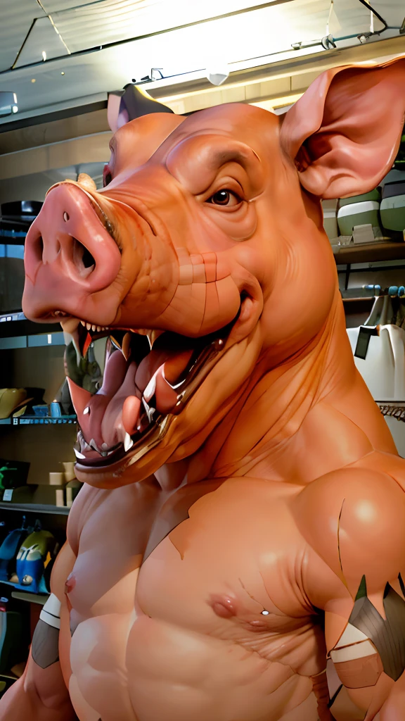 Statue of arafed pig in a shop with a large open mouth, max quality, cgi, obra-prima, Porco gigante, meio Porco, Porco, Porco Porco Porco, robotic pig, hybrid of pig and nyc policeman, Piggy, um Porco, anthropomorphic warrior piglet, fat ripped satanic creature, Close-up de corpo inteiro, Stan Winston Estúdios, como um personagem claymation, "Porco