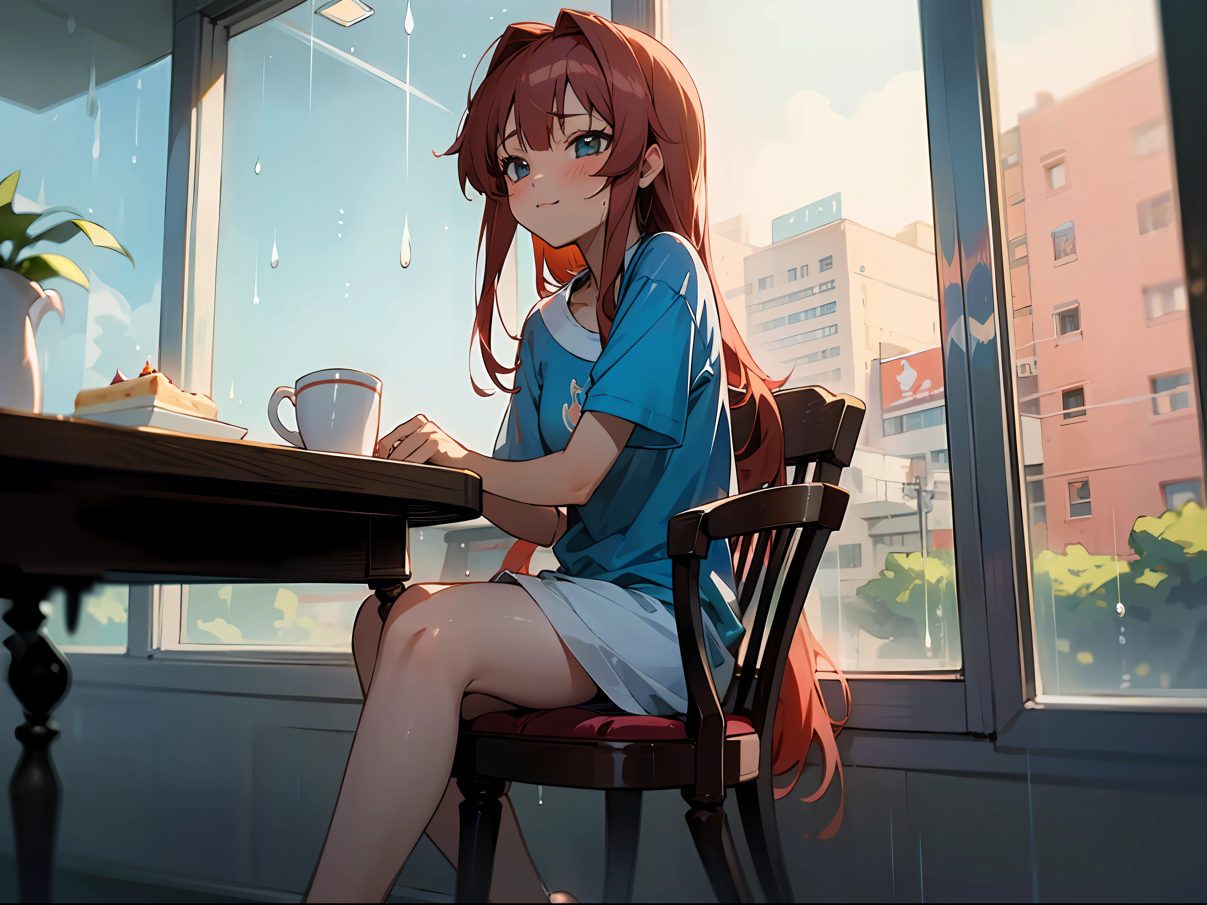 anime girl with red long hair, wearing blue tshirt , anime moe artstyle, full body seductive anime girl, sitting on the chair, cafe, day, rain drops at the window, cup, cake, blush, cute anime 8 k, , (anime girl), zerochan art, 1girl, h, high res, ultrasharp, 8k, masterpiece, perfect body, perfect face, cute face,
