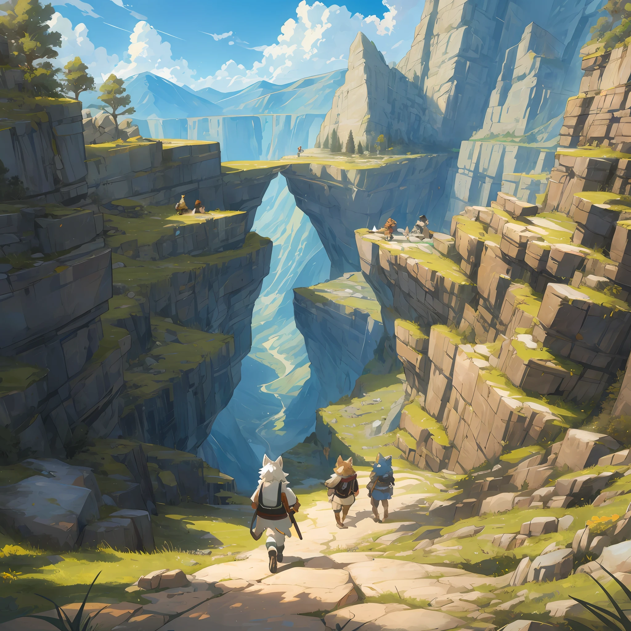 top quality, best quality, High-quality illustrations, masterpiece, super high resolution, detailed background, Distorted rocks and plants creating a unique landscape, depicting the spatial anomalies of the mountain range, 6+boys, 6+girls, absurdres(highly detailed beautiful face and eyes)perfect ???????, expression, good lighting, cinematic shadow(kemono, furry anthro)assorted poses, dynamic angle,