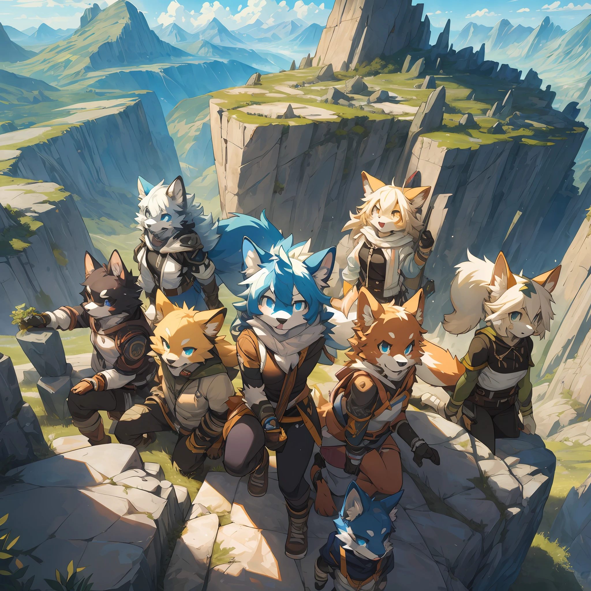 top quality, best quality, High-quality illustrations, masterpiece, super high resolution, detailed background, Distorted rocks and plants creating a unique landscape, depicting the spatial anomalies of the mountain range, 6+boys, 6+girls, absurdres(highly detailed beautiful face and eyes)perfect anatomy, expression, good lighting, cinematic shadow(kemono, furry anthro)assorted poses, dynamic angle,