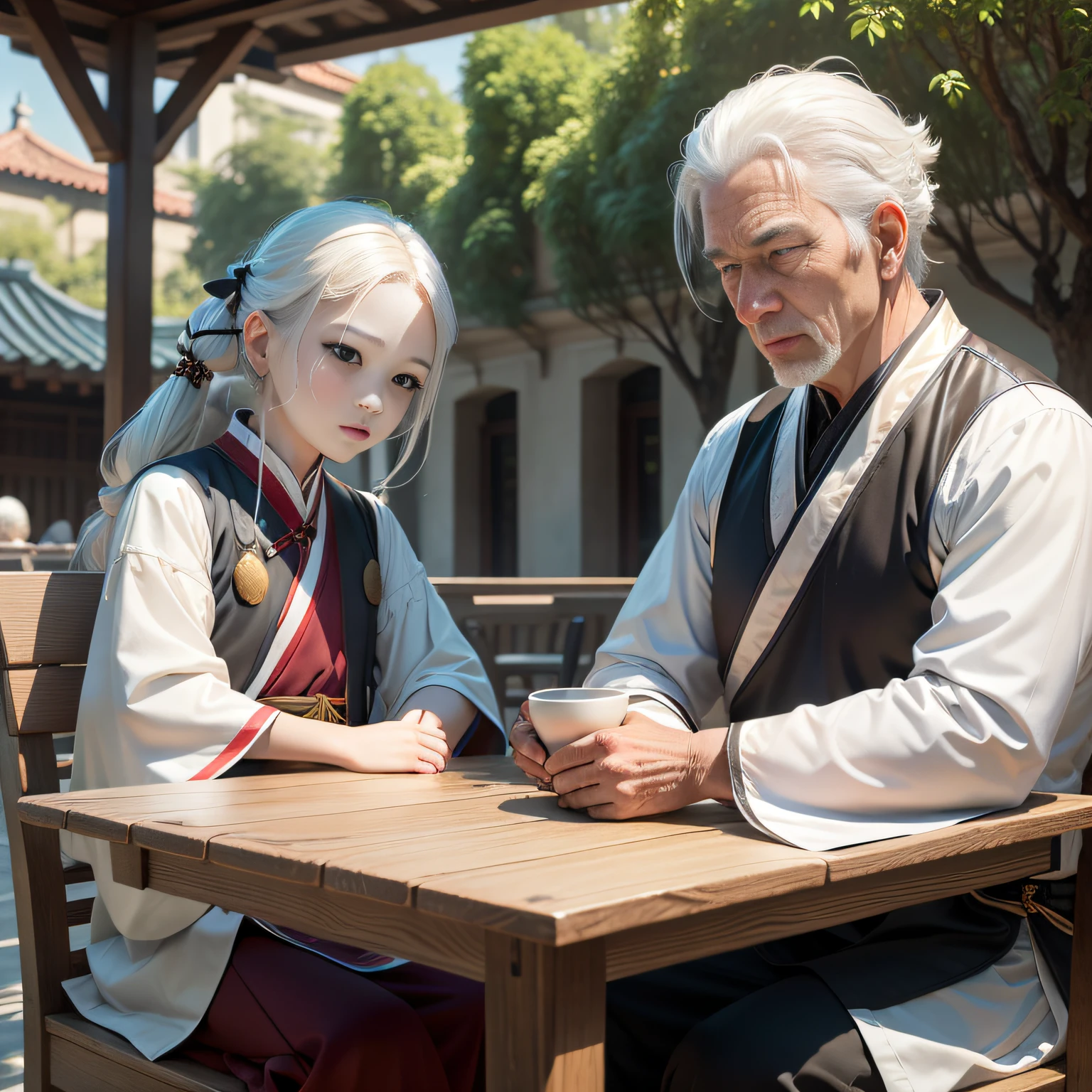 8K，tmasterpiece，Natural lighting，sitting before a table，Outdoor photography，sface focus，detailed face with，facial wrinkle，2 people，Sit face to face，Male elderly，White hair，Hairpins，Taoist costumes，Hanfu，5  boy