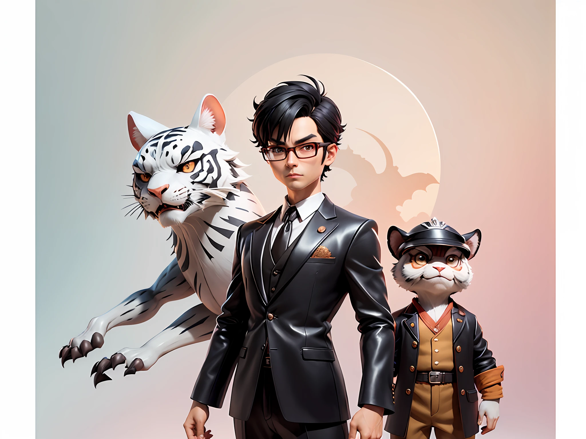 Young man with leather hat, tiger, dragon, oriental face in formal suit, short black hair, silver glasses, digital painting, 3D character design by Mark Clairedon and Pixar and Hayao Miyazaki and Akira Toriyama, the illustration is a high-definition illustration in 4K resolution with very detailed facial features and cartoon-style visuals.