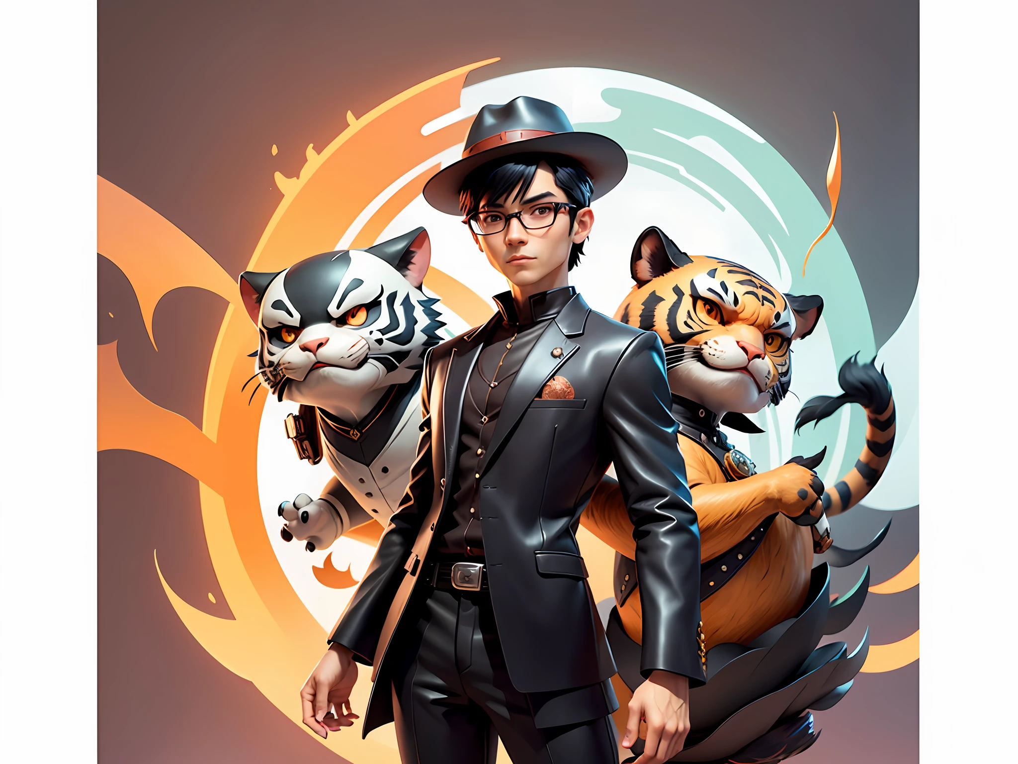 Young man with leather hat, tiger, dragon, oriental face in formal suit, short black hair, silver glasses, digital painting, 3D character design by Mark Clairedon and Pixar and Hayao Miyazaki and Akira Toriyama, the illustration is a high-definition illustration in 4K resolution with very detailed facial features and cartoon-style visuals.